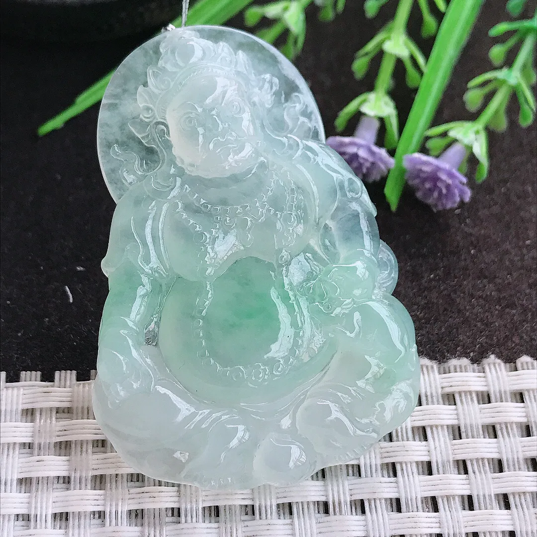 实拍A货翡翠62.8/37.8/7.2老坑冰胶果冻冰晴飘绿黄财神吊坠翡翠挂件