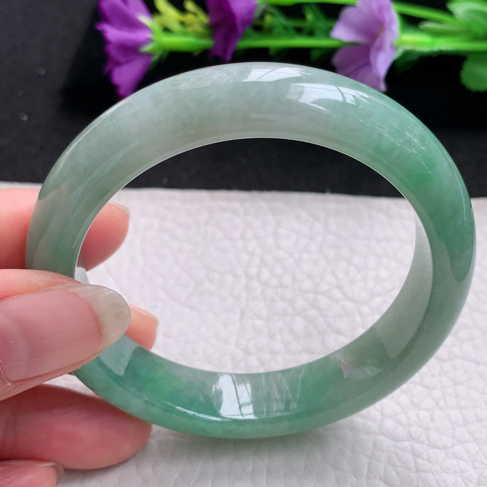 hy实拍54.6*12.8*8平安镯 天然缅甸翡翠飘绿水润宽边玉手镯 玉手环