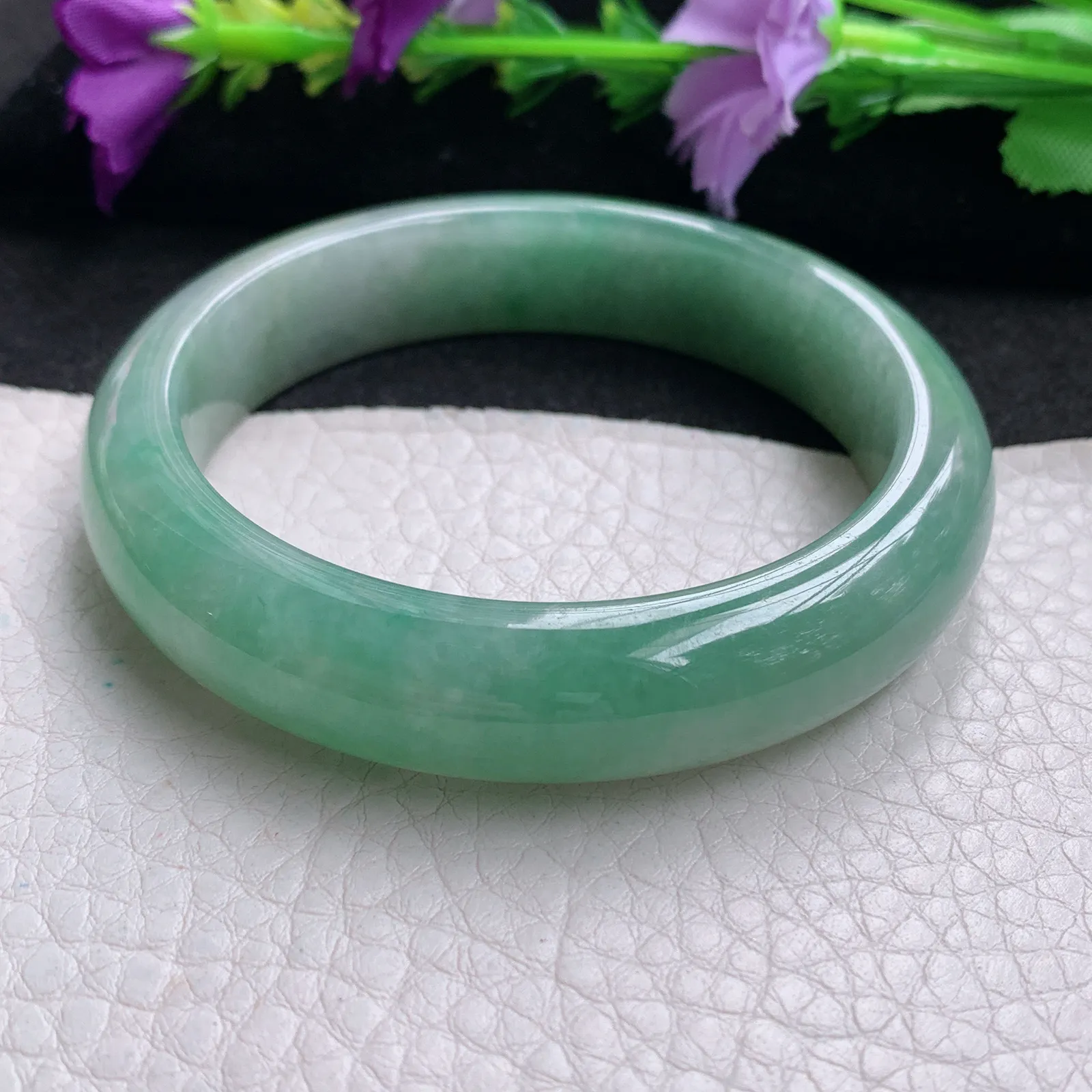hy实拍54.6*12.8*8平安镯 天然缅甸翡翠飘绿水润宽边玉手镯 玉手环