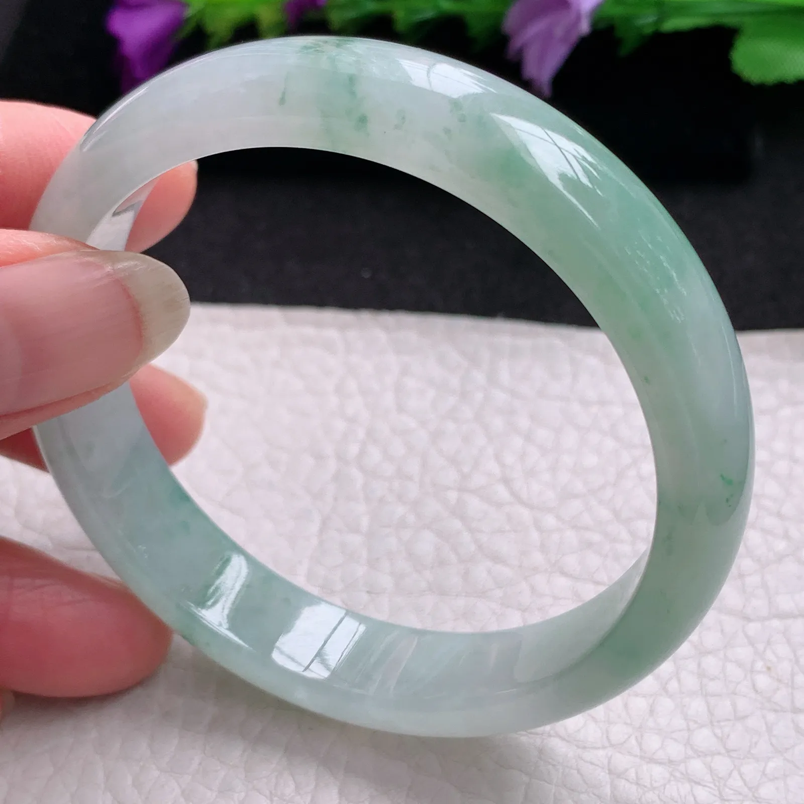 xh实拍56.8*12.2*6.8平安镯 天然缅甸翡翠冰飘花清秀宽边玉手镯 玉手环