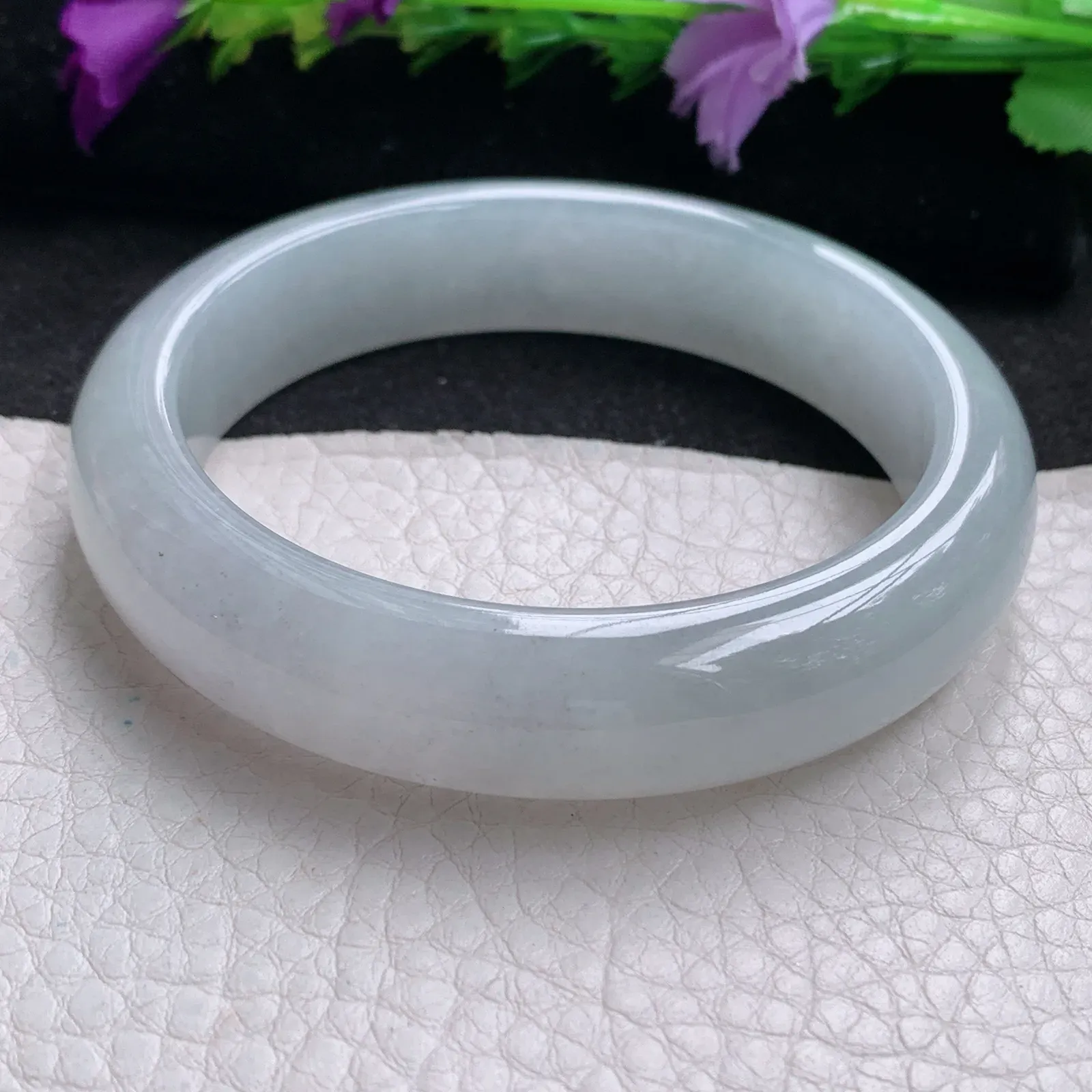 hy实拍57*13.6*8.5平安镯 天然缅甸翡翠冰纯白月光宽边玉手镯 玉手环