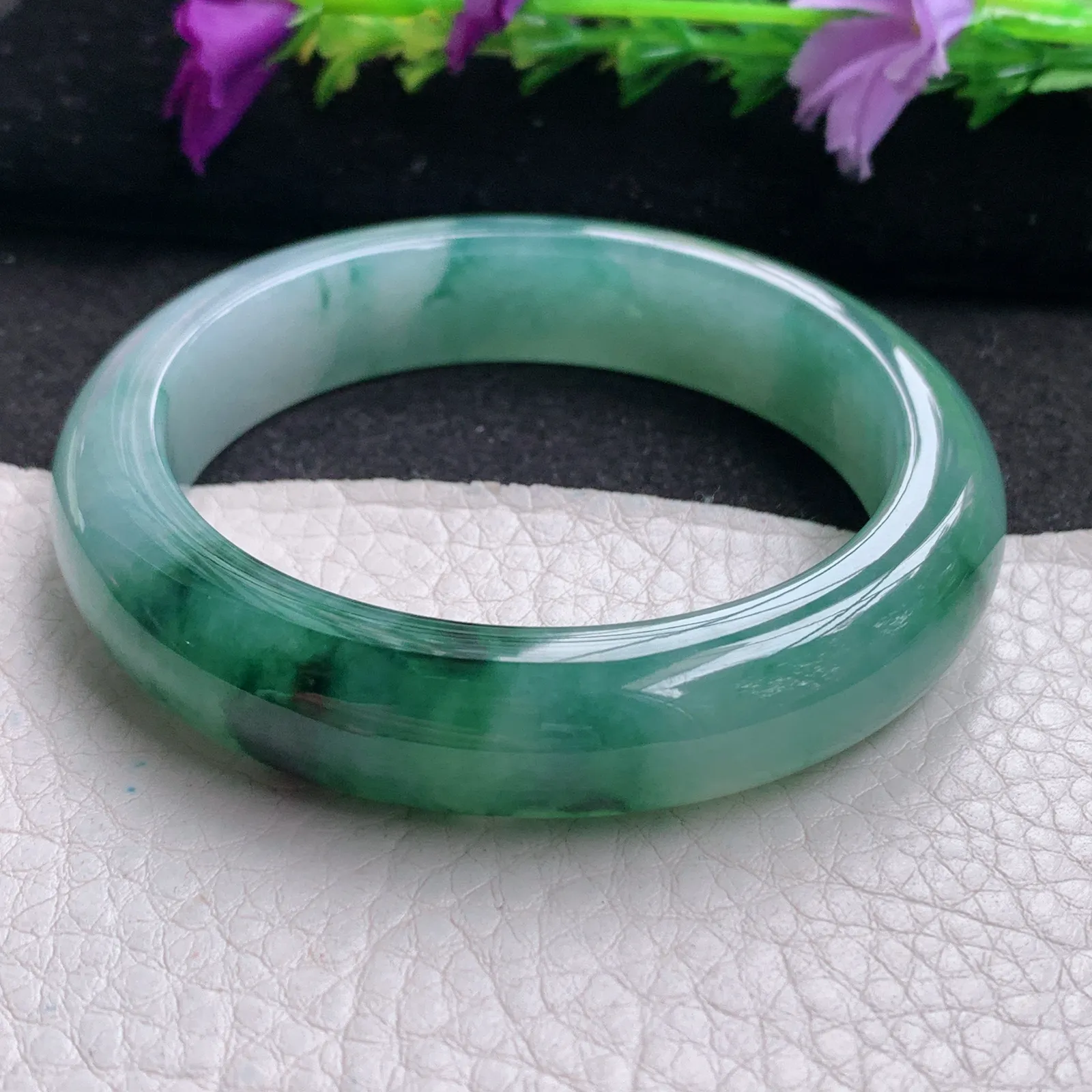 xh实拍53*12.2*8.3平安镯 天然缅甸翡翠冰飘花厚装宽边玉手镯 玉手环