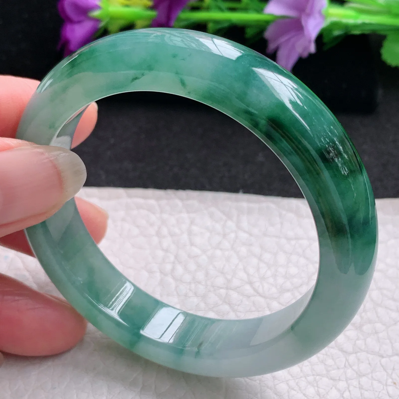 xh实拍53*12.2*8.3平安镯 天然缅甸翡翠冰飘花厚装宽边玉手镯 玉手环
