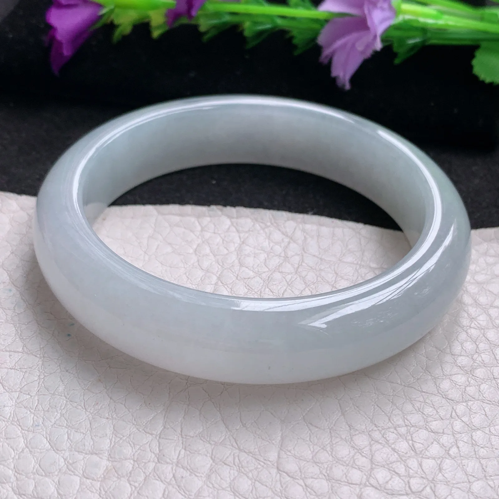 hy实拍57*13.6*8.5平安镯 天然缅甸翡翠冰纯白月光宽边玉手镯 玉手环