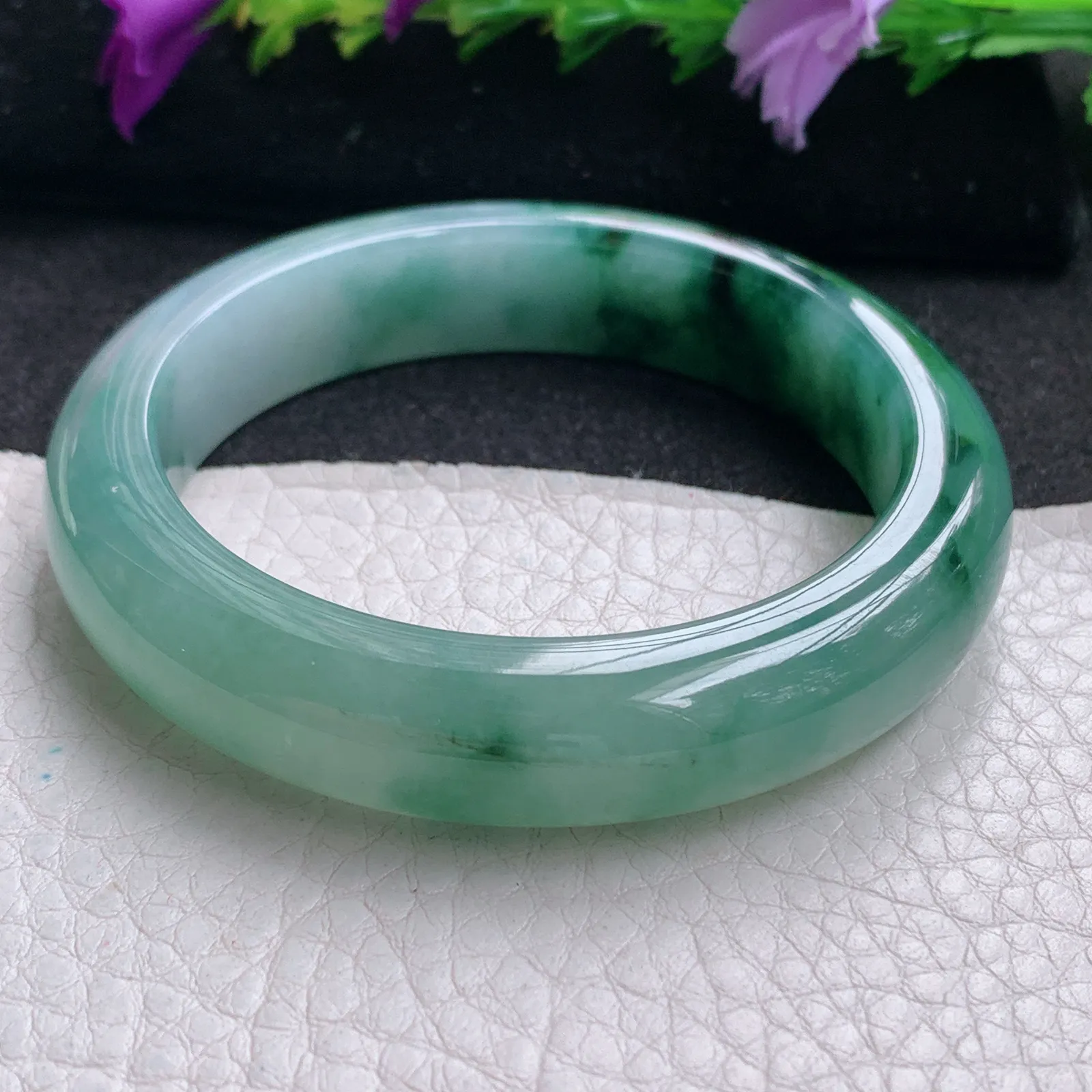 xh实拍53*12.2*8.3平安镯 天然缅甸翡翠冰飘花厚装宽边玉手镯 玉手环