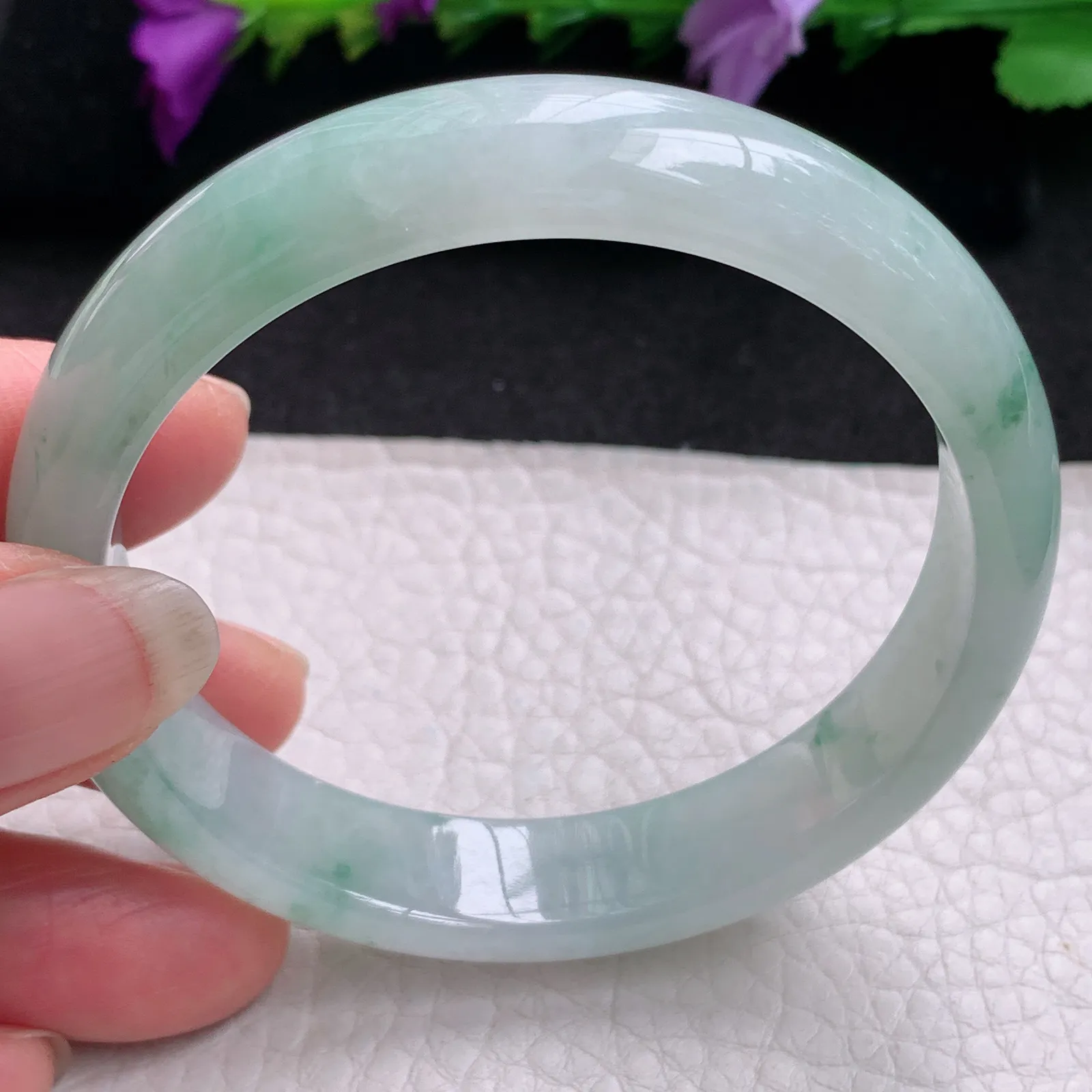 xh实拍56.8*12.2*6.8平安镯 天然缅甸翡翠冰飘花清秀宽边玉手镯 玉手环