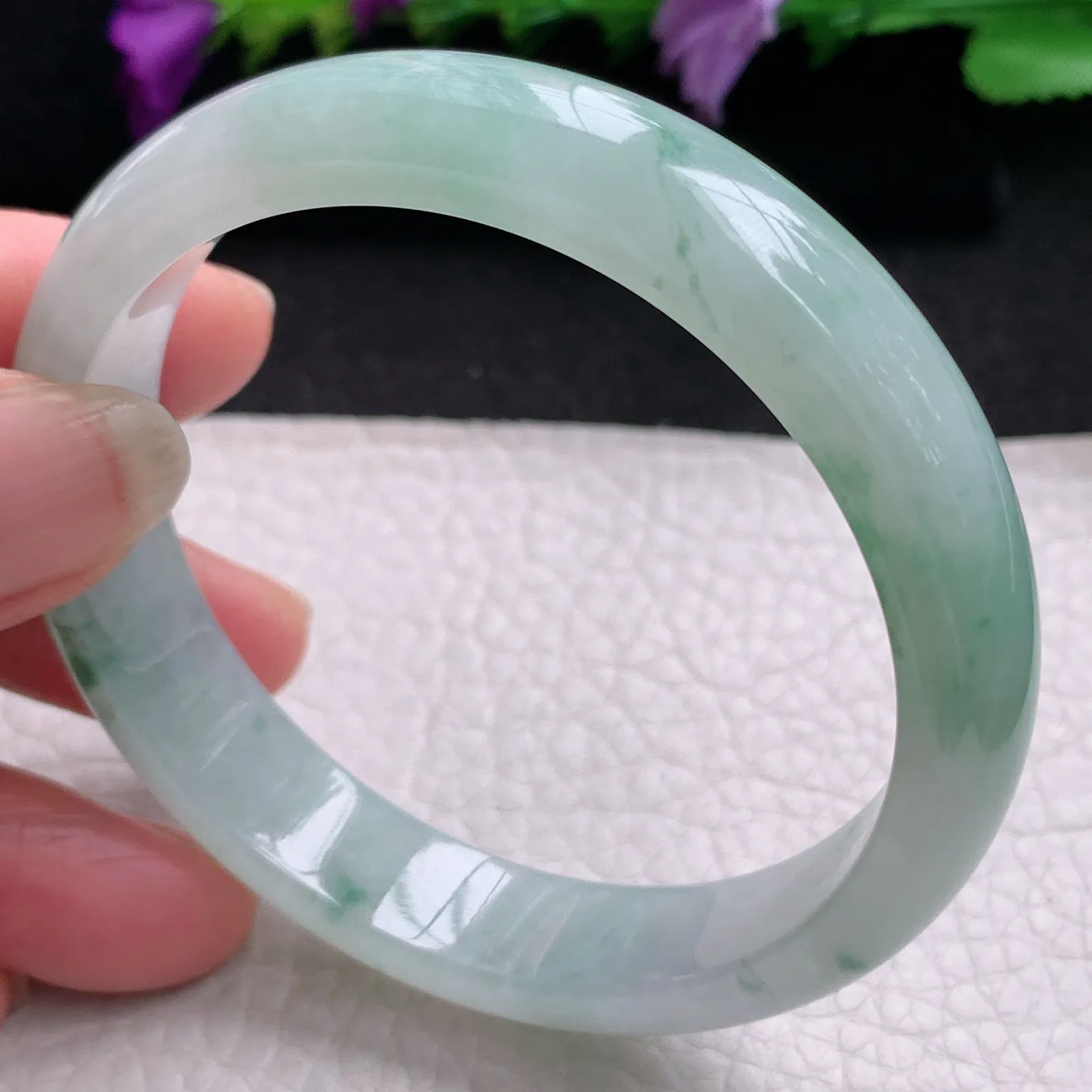 xh实拍56.8*12.2*6.8平安镯 天然缅甸翡翠冰飘花清秀宽边玉手镯 玉手环