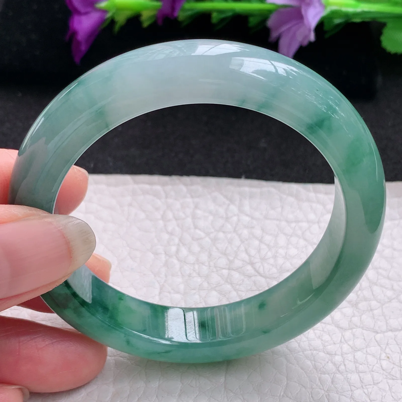 xh实拍53*12.2*8.3平安镯 天然缅甸翡翠冰飘花厚装宽边玉手镯 玉手环