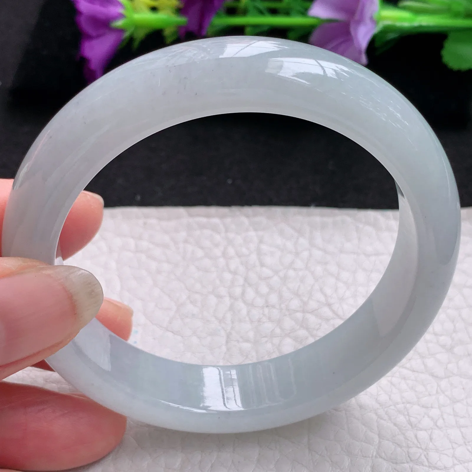 hy实拍57*13.6*8.5平安镯 天然缅甸翡翠冰纯白月光宽边玉手镯 玉手环