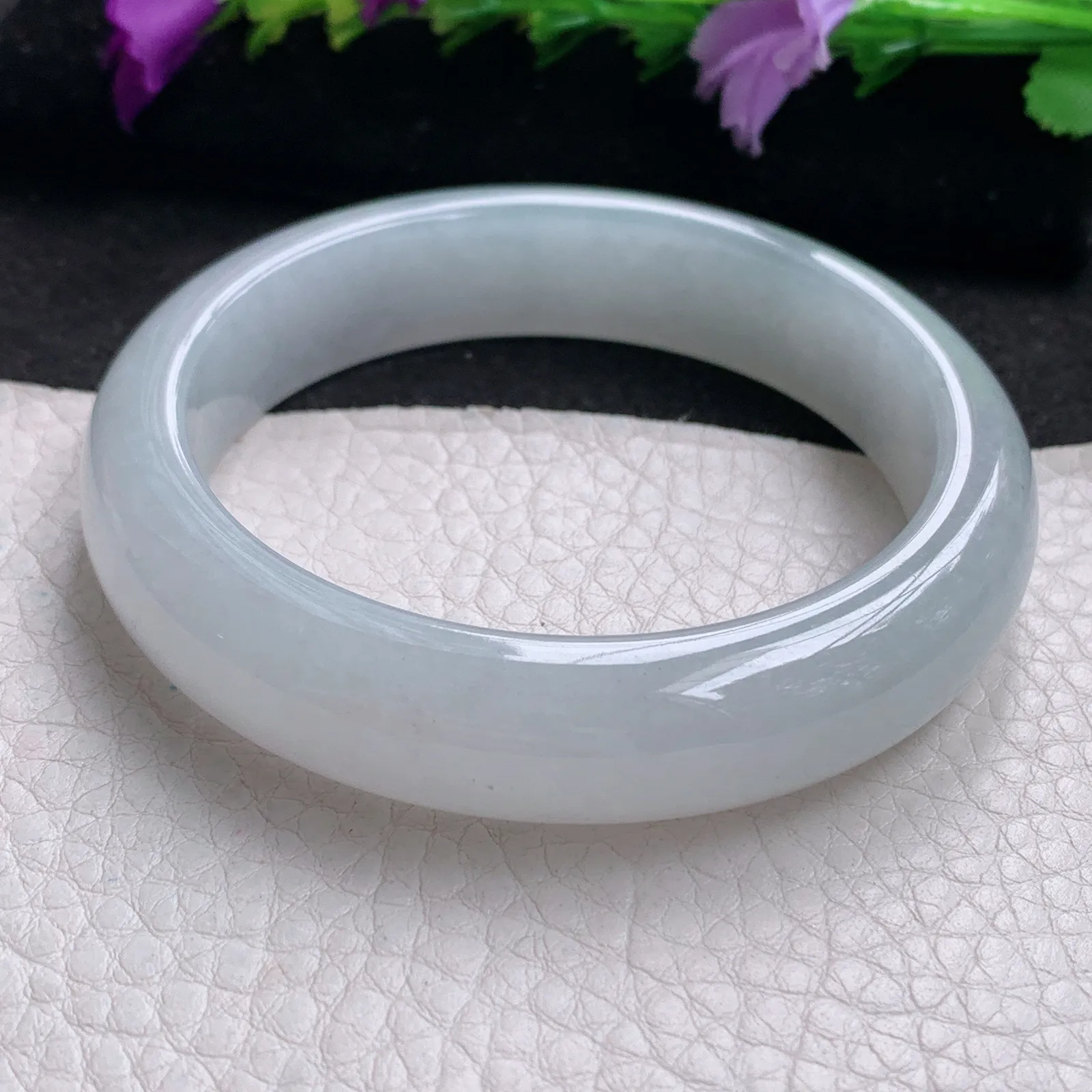 hy实拍57*13.6*8.5平安镯 天然缅甸翡翠冰纯白月光宽边玉手镯 玉手环