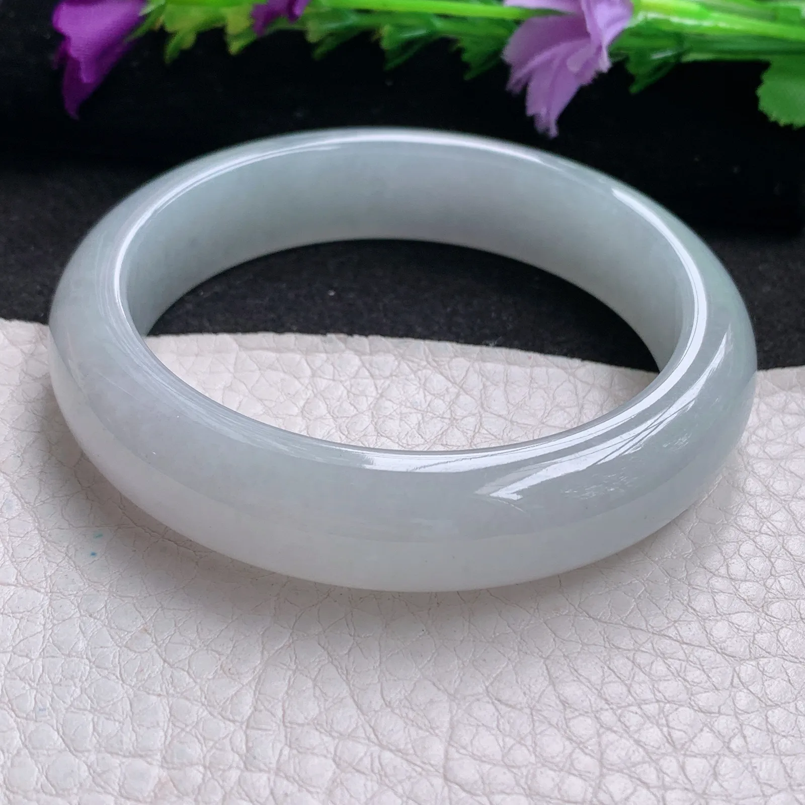 hy实拍57*13.6*8.5平安镯 天然缅甸翡翠冰纯白月光宽边玉手镯 玉手环