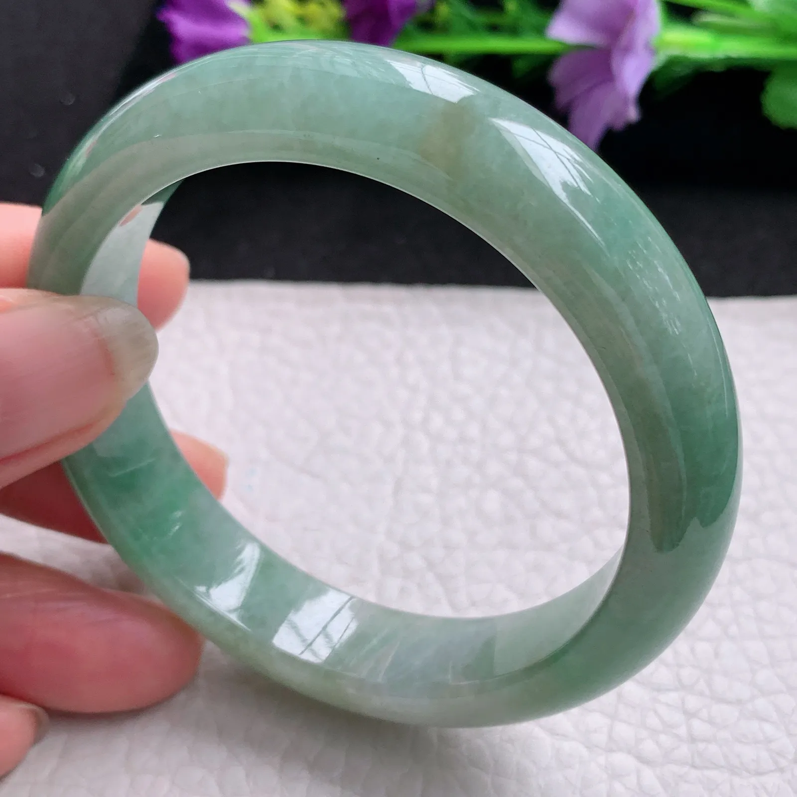 hy实拍54.6*12.8*8平安镯 天然缅甸翡翠飘绿水润宽边玉手镯 玉手环