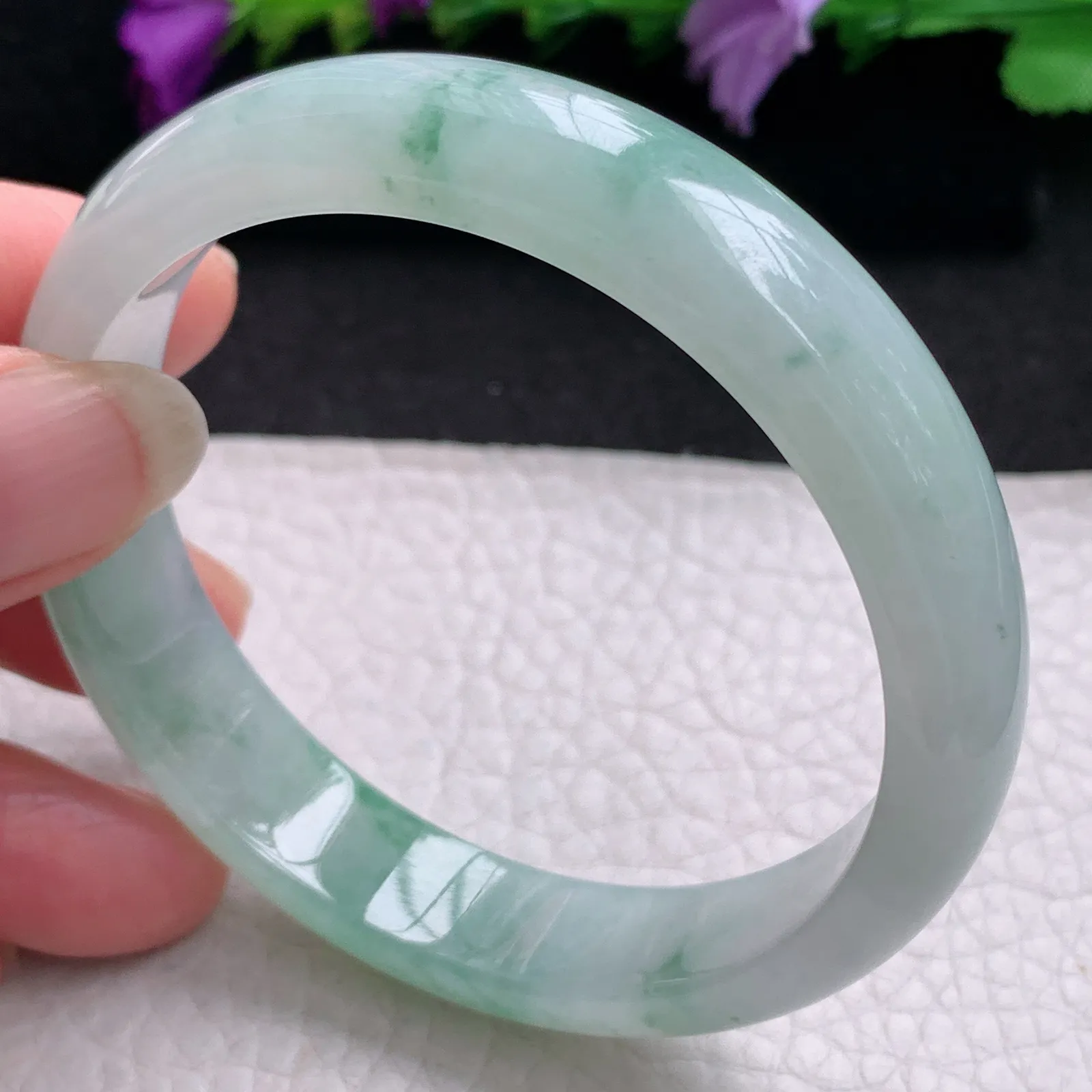 xh实拍56.8*12.2*6.8平安镯 天然缅甸翡翠冰飘花清秀宽边玉手镯 玉手环