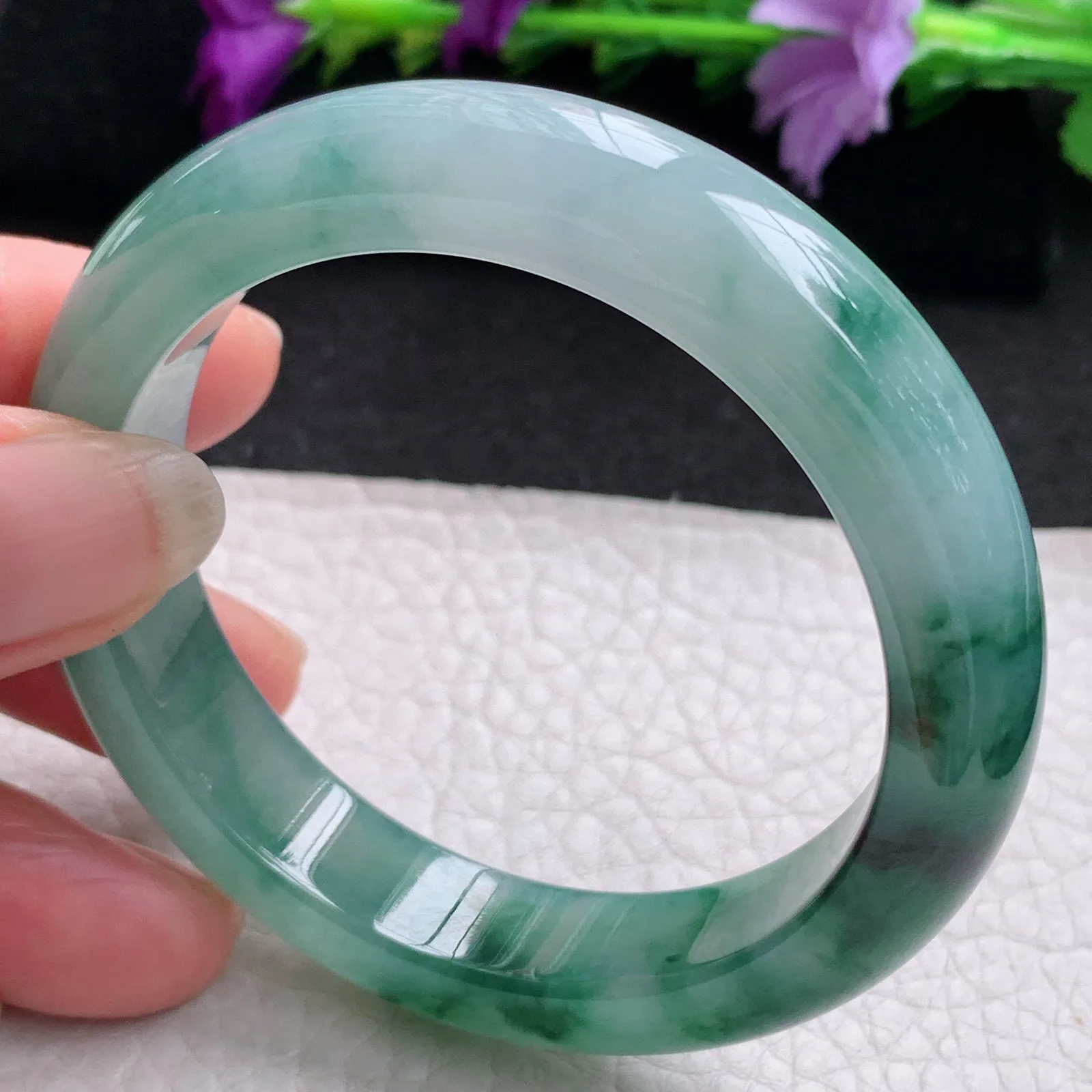 xh实拍53*12.2*8.3平安镯 天然缅甸翡翠冰飘花厚装宽边玉手镯 玉手环