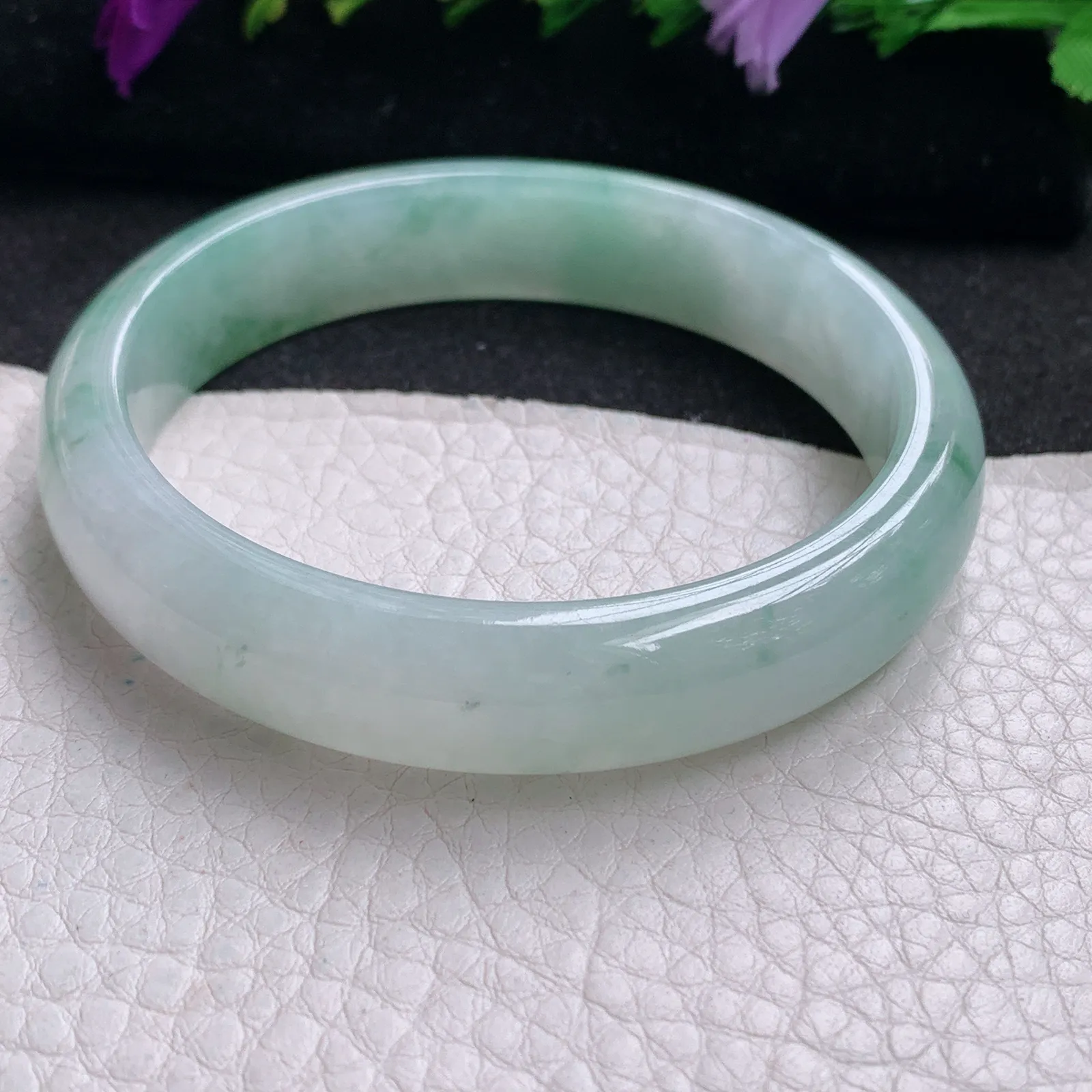 xh实拍56.8*12.2*6.8平安镯 天然缅甸翡翠冰飘花清秀宽边玉手镯 玉手环