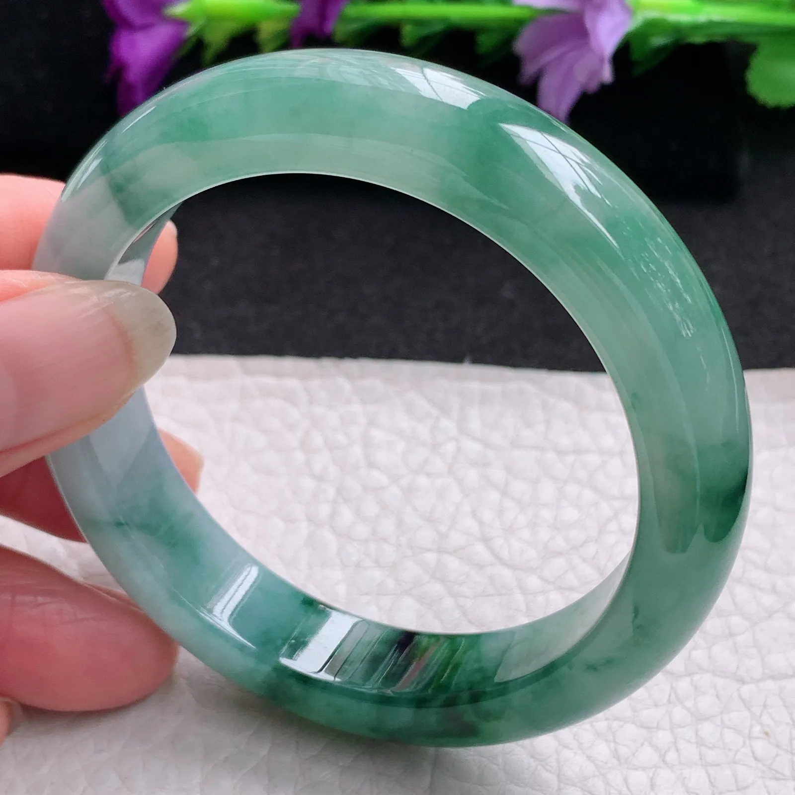 xh实拍53*12.2*8.3平安镯 天然缅甸翡翠冰飘花厚装宽边玉手镯 玉手环