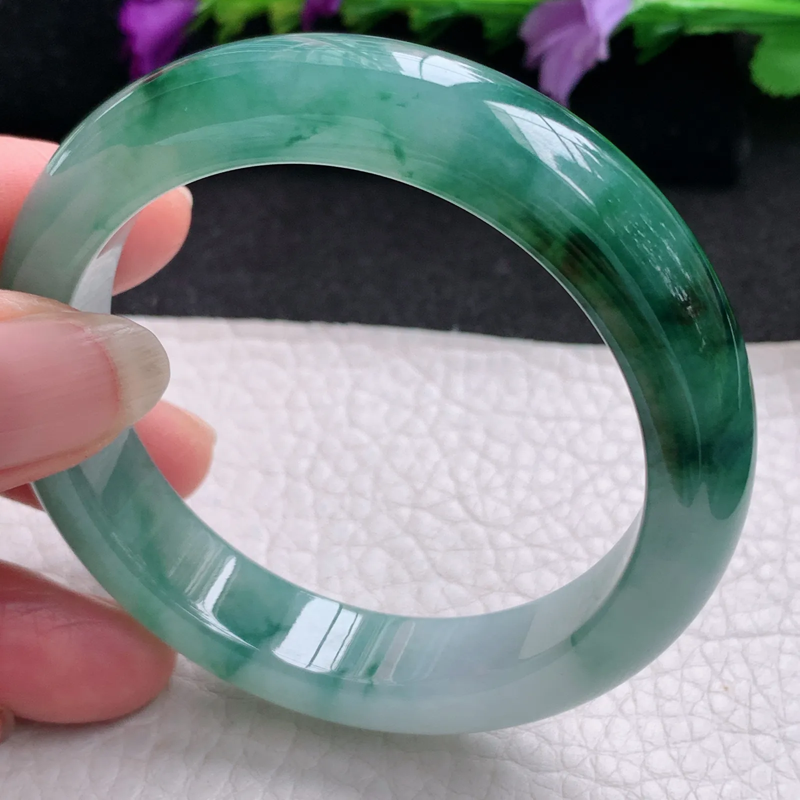 xh实拍53*12.2*8.3平安镯 天然缅甸翡翠冰飘花厚装宽边玉手镯 玉手环