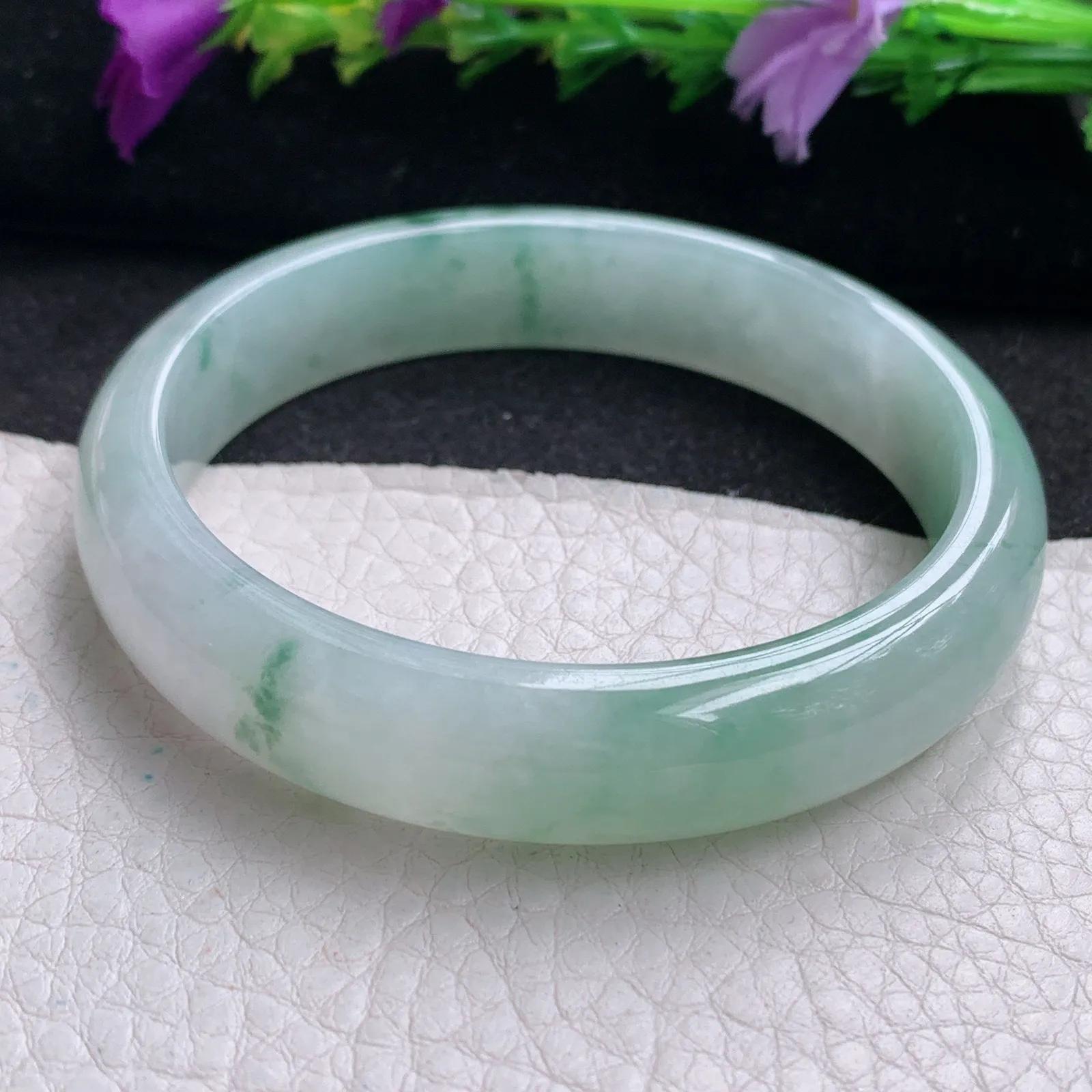 xh实拍56.8*12.2*6.8平安镯 天然缅甸翡翠冰飘花清秀宽边玉手镯 玉手环