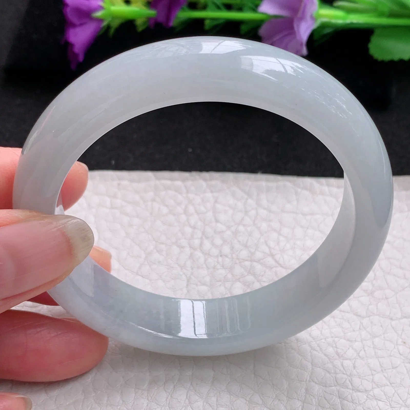 hy实拍57*13.6*8.5平安镯 天然缅甸翡翠冰纯白月光宽边玉手镯 玉手环