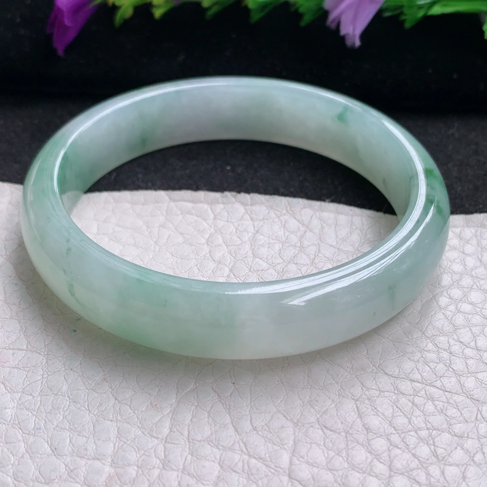 xh实拍56.8*12.2*6.8平安镯 天然缅甸翡翠冰飘花清秀宽边玉手镯 玉手环