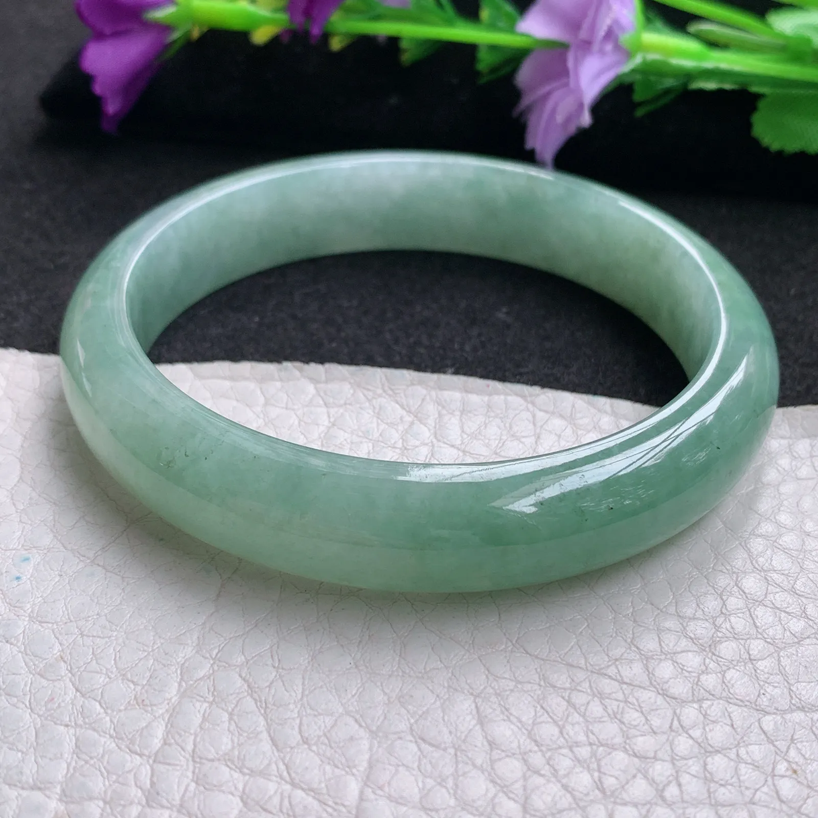 nr大圈口60*12.2*7.6平安镯 天然缅甸翡翠冰润水绿宽边玉手镯 玉手环