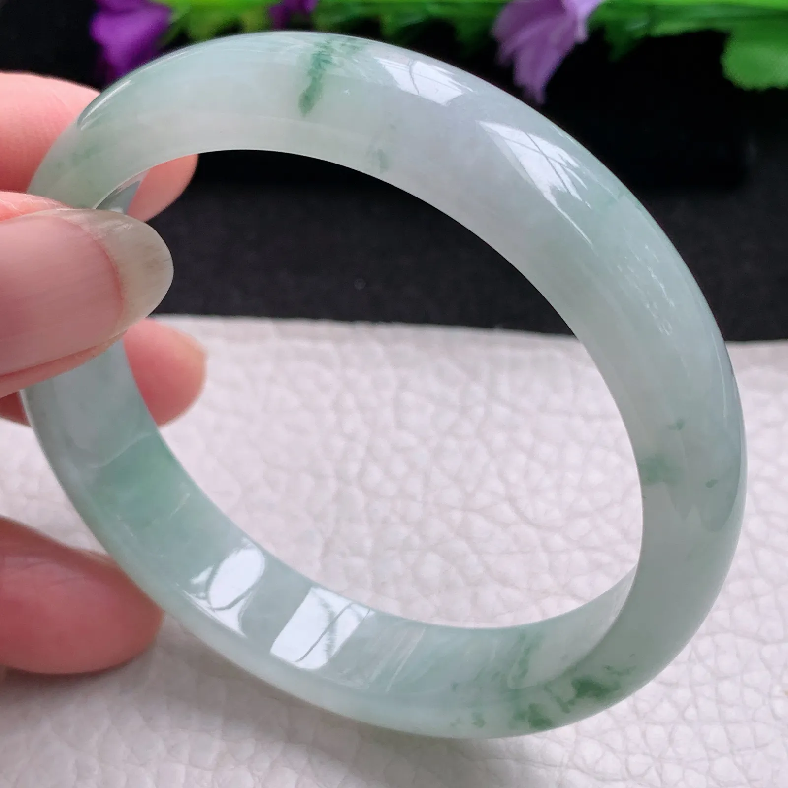 xh实拍56.8*12.2*6.8平安镯 天然缅甸翡翠冰飘花清秀宽边玉手镯 玉手环