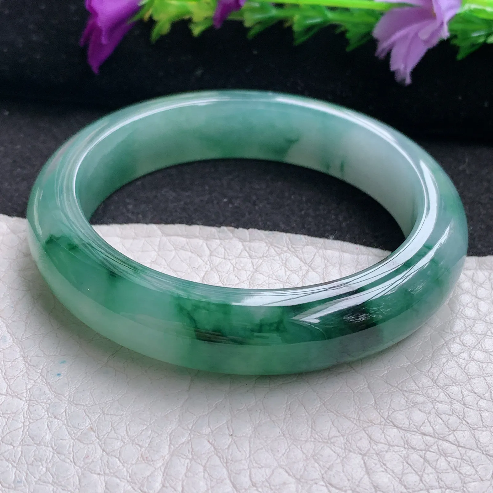 xh实拍53*12.2*8.3平安镯 天然缅甸翡翠冰飘花厚装宽边玉手镯 玉手环