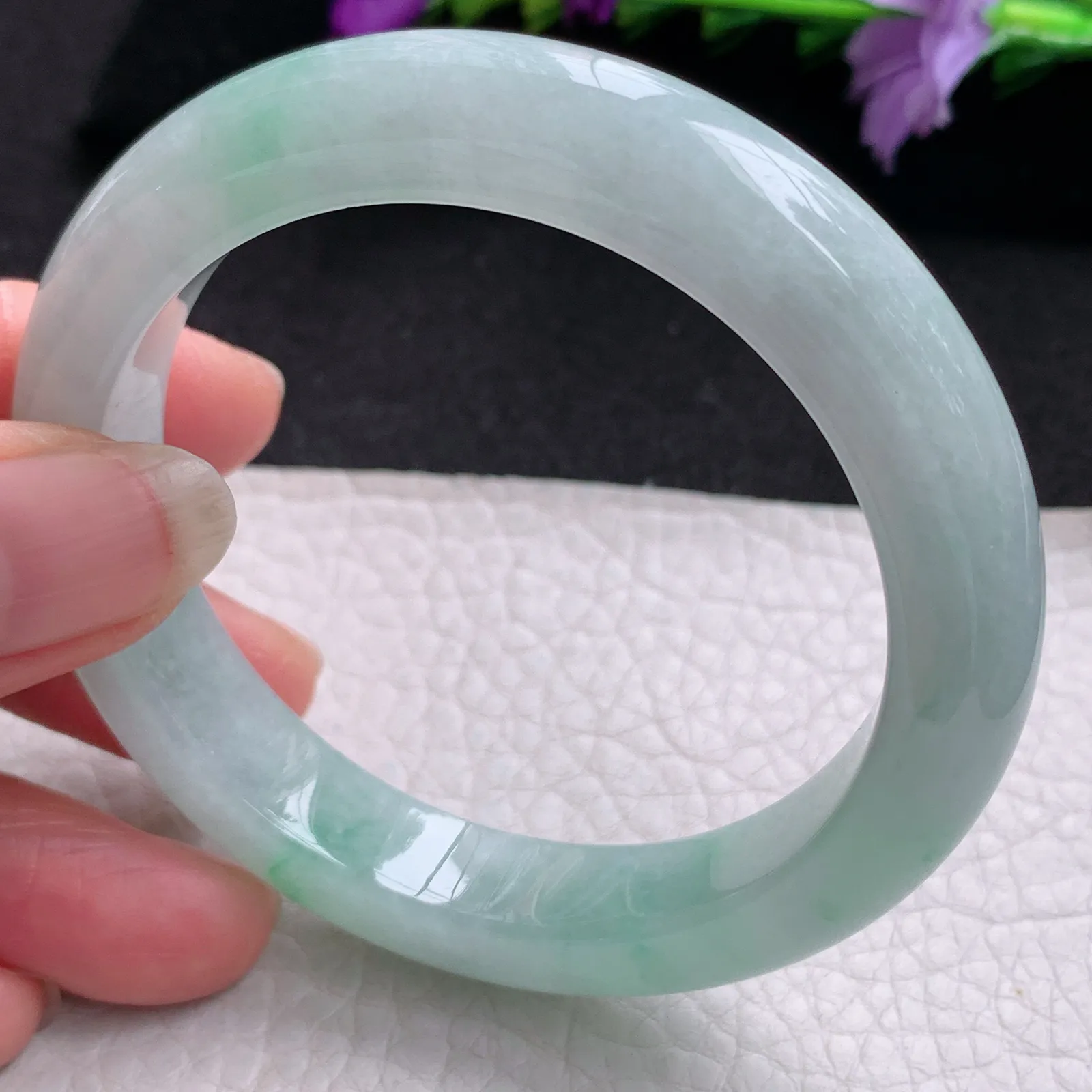 z实拍55*11.2*9平安镯 天然缅甸翡翠飘绿厚装宽边玉手镯 玉手环