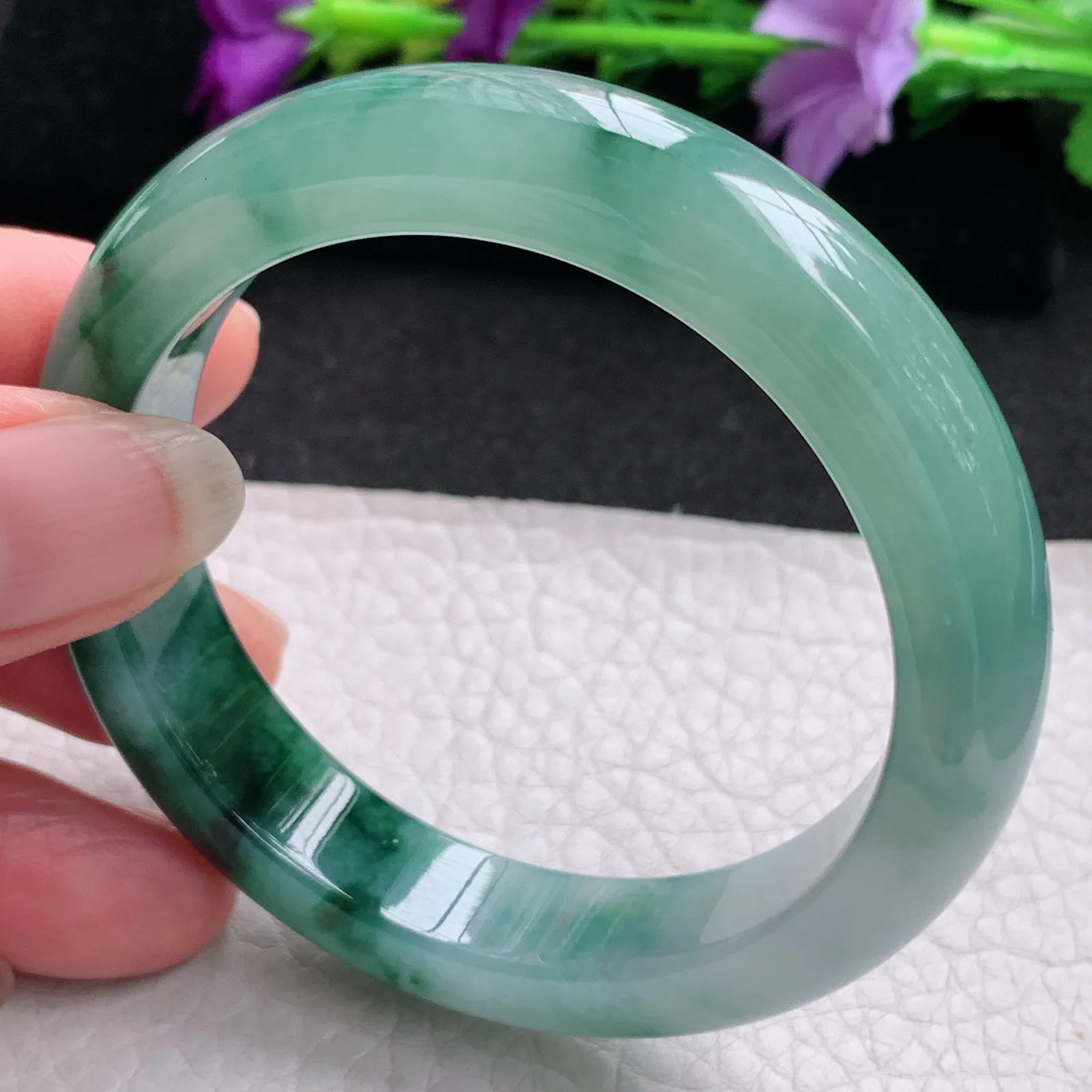 xh实拍53*12.2*8.3平安镯 天然缅甸翡翠冰飘花厚装宽边玉手镯 玉手环