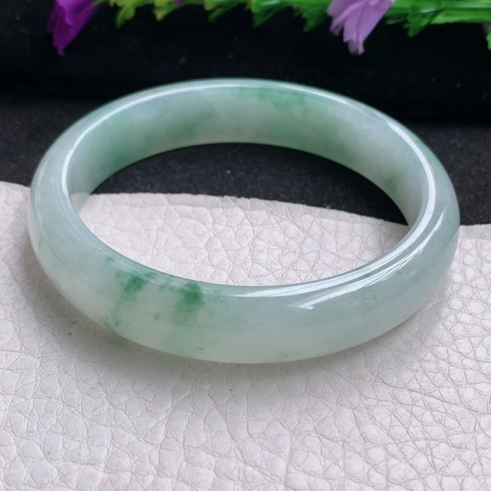 xh实拍56.8*12.2*6.8平安镯 天然缅甸翡翠冰飘花清秀宽边玉手镯 玉手环