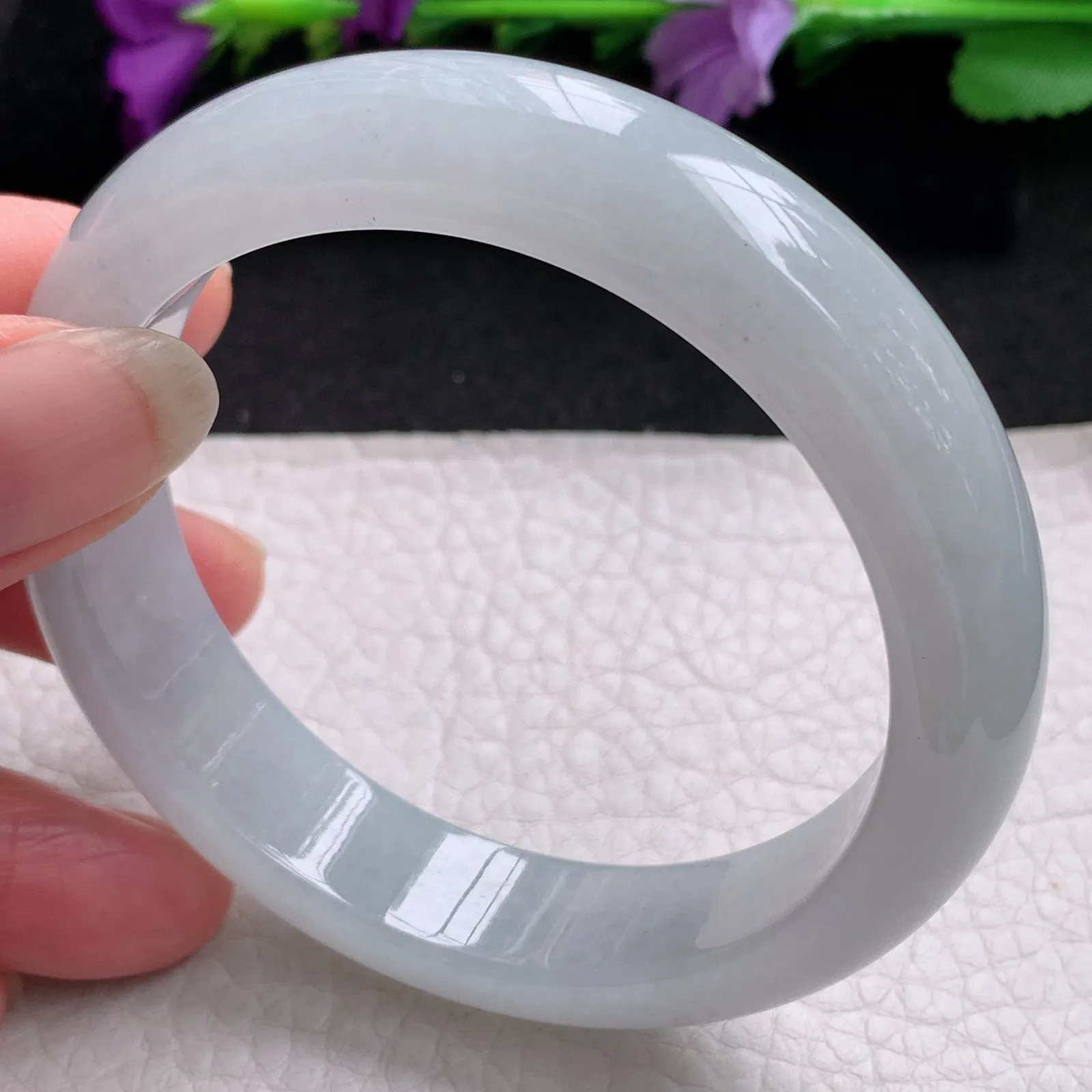 hy实拍57*13.6*8.5平安镯 天然缅甸翡翠冰纯白月光宽边玉手镯 玉手环