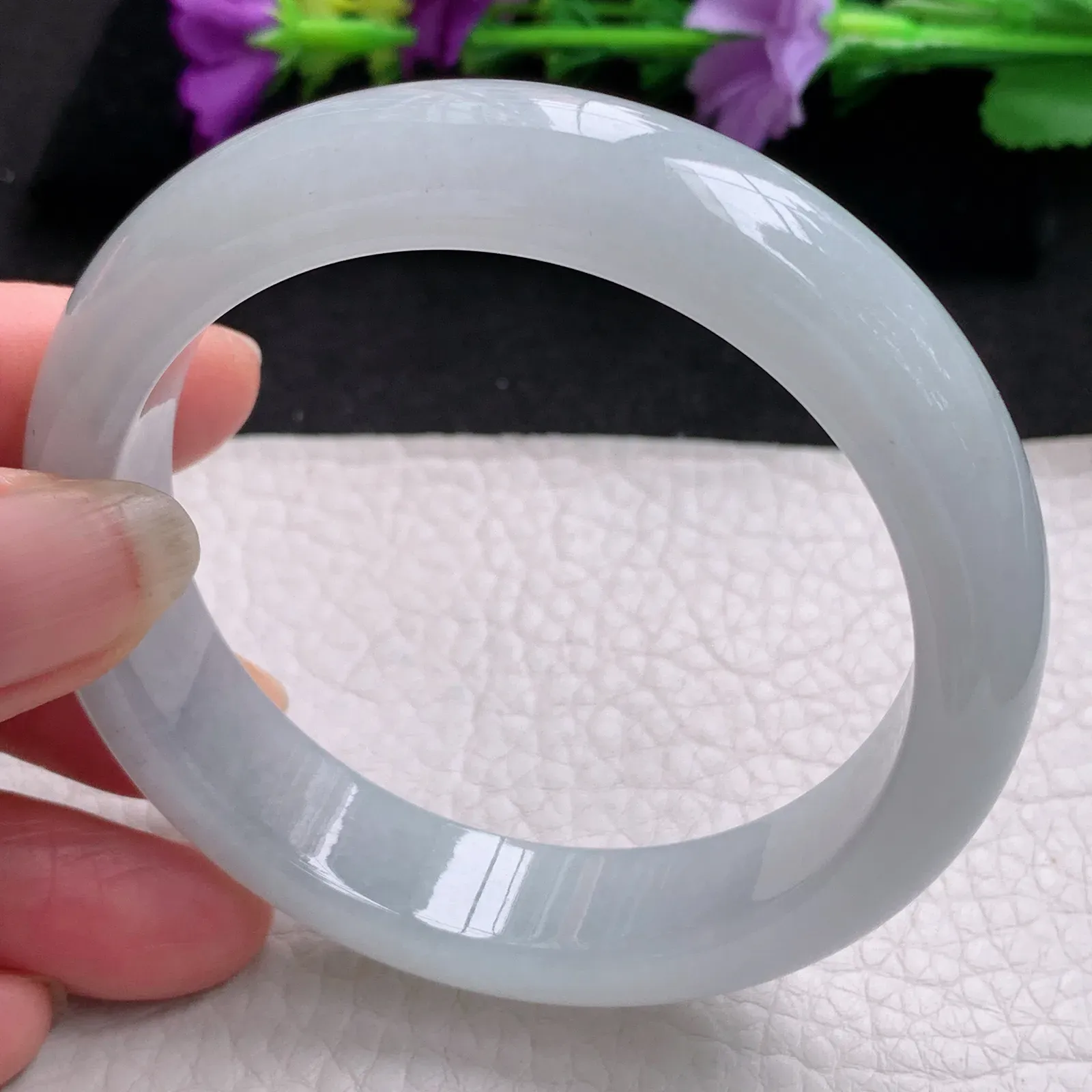 hy实拍57*13.6*8.5平安镯 天然缅甸翡翠冰纯白月光宽边玉手镯 玉手环