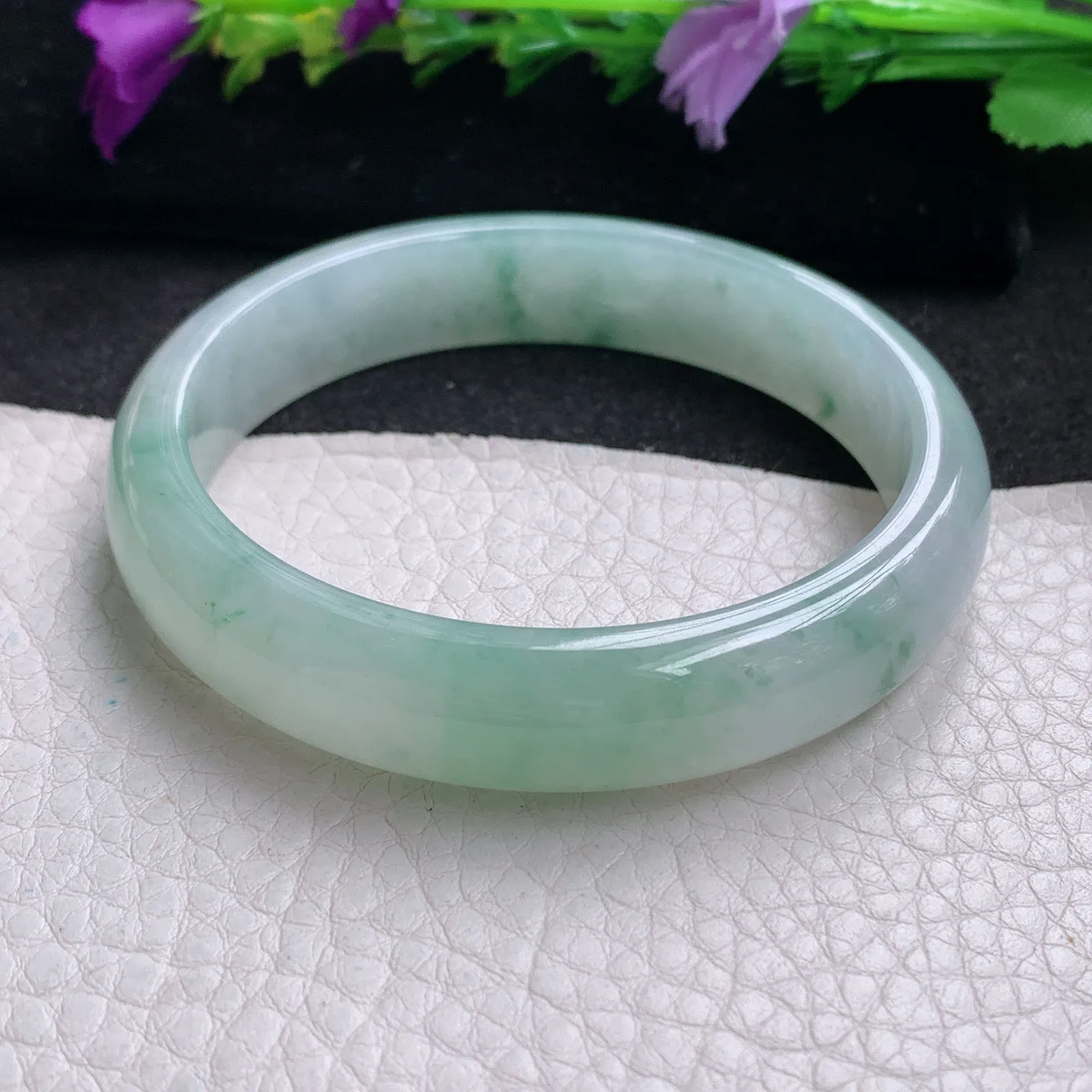 xh实拍56.8*12.2*6.8平安镯 天然缅甸翡翠冰飘花清秀宽边玉手镯 玉手环