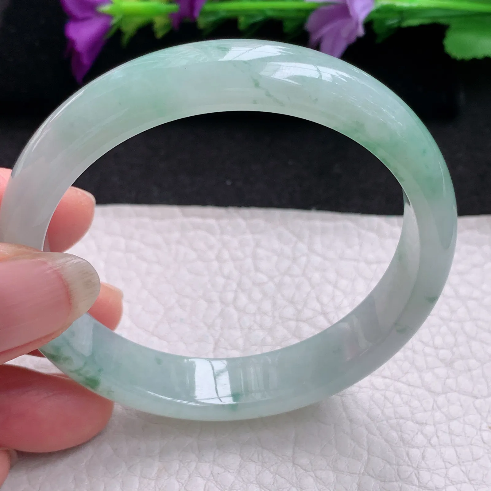 xh实拍56.8*12.2*6.8平安镯 天然缅甸翡翠冰飘花清秀宽边玉手镯 玉手环