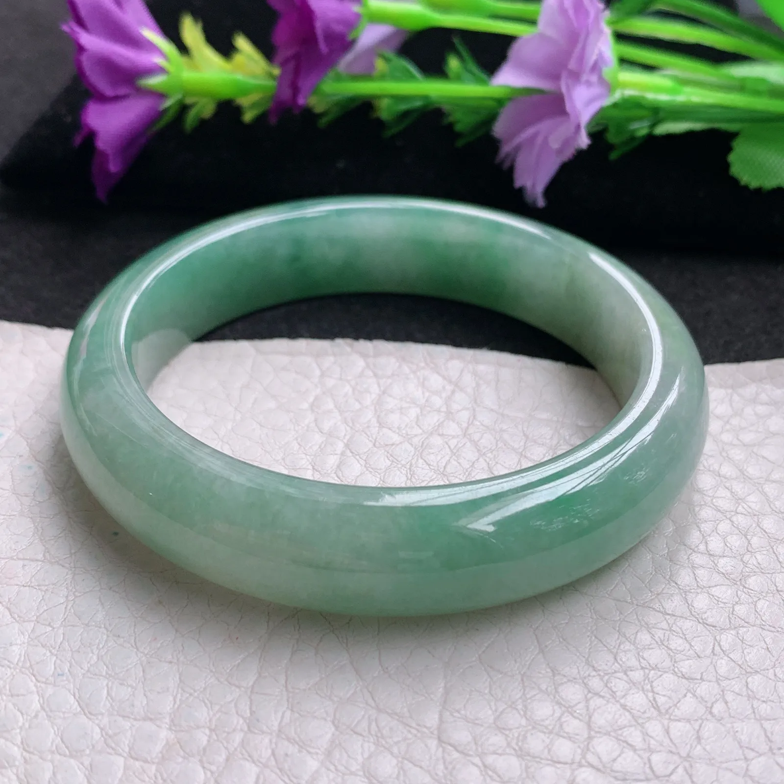 hy实拍54.6*12.8*8平安镯 天然缅甸翡翠飘绿水润宽边玉手镯 玉手环