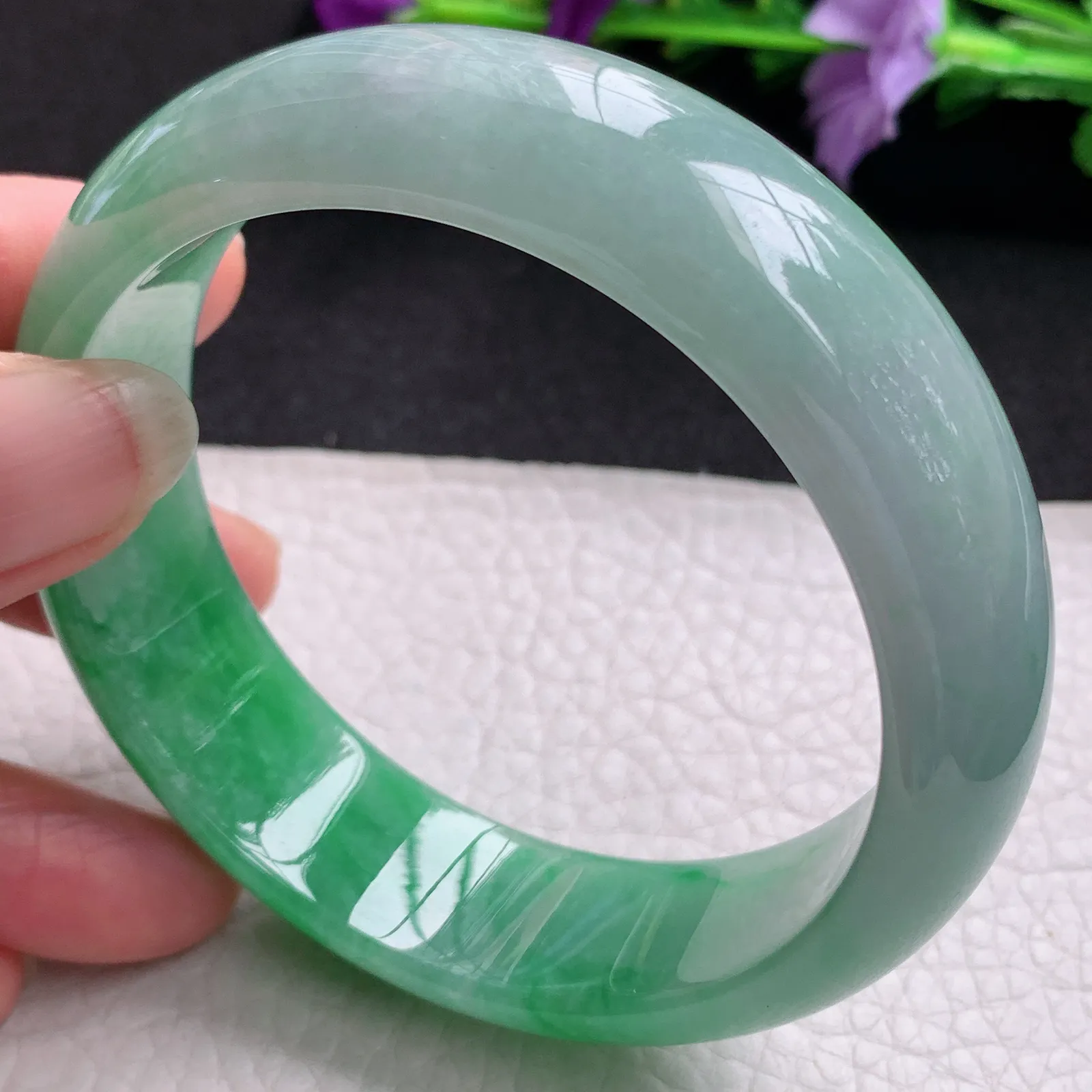 nr大圈口61.6*18.3*8.6轮胎镯 天然缅甸翡翠半山水辣绿宽边玉手镯 玉手环