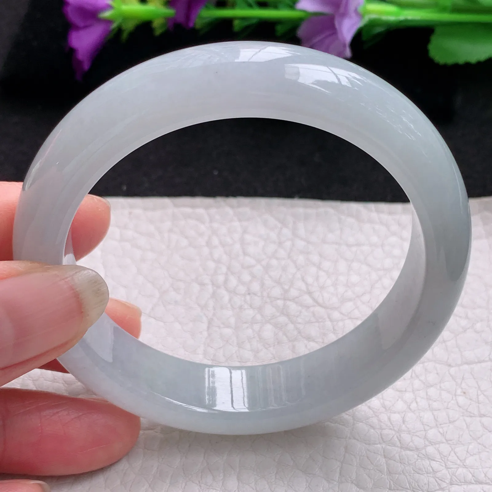 hy实拍57*13.6*8.5平安镯 天然缅甸翡翠冰纯白月光宽边玉手镯 玉手环