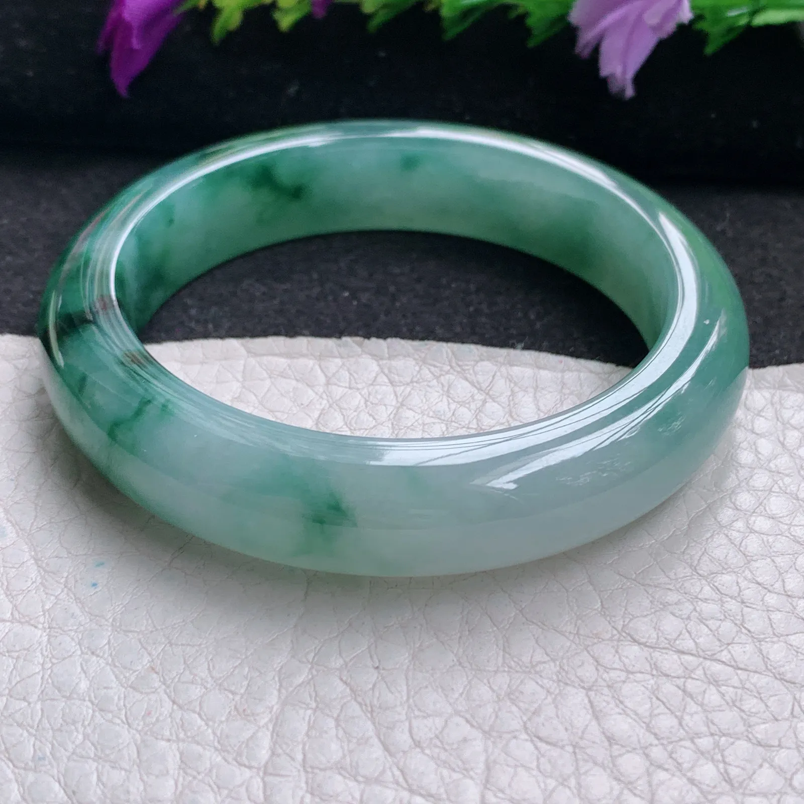 xh实拍53*12.2*8.3平安镯 天然缅甸翡翠冰飘花厚装宽边玉手镯 玉手环