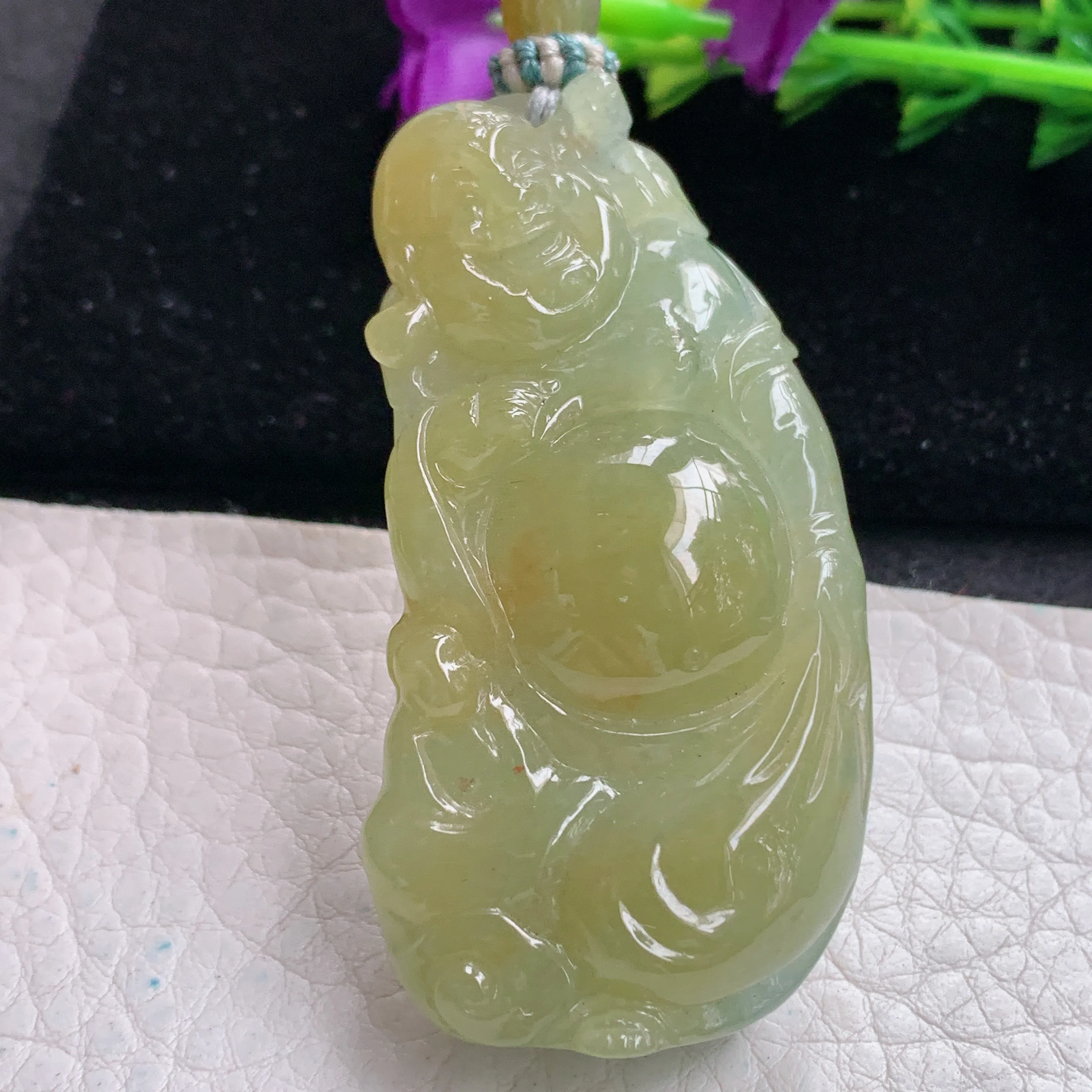 csy实拍57*29.3*13缅甸翡翠冰黄翡弥勒佛吊坠 站佛布袋佛公项坠