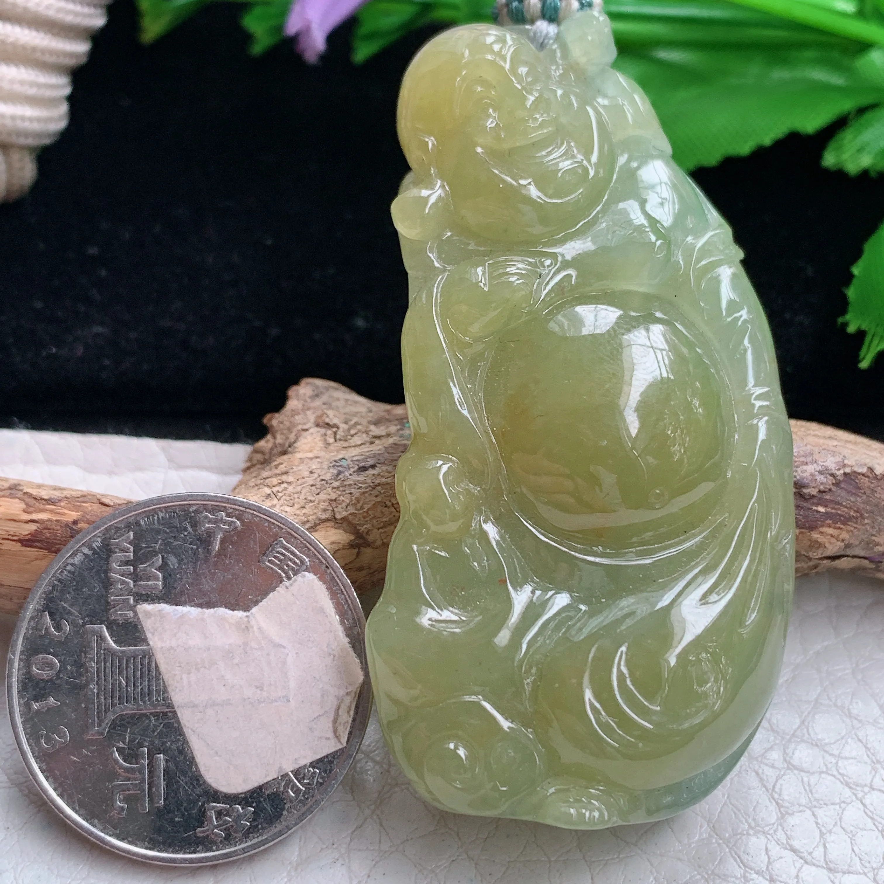 csy实拍57*29.3*13缅甸翡翠冰黄翡弥勒佛吊坠 站佛布袋佛公项坠