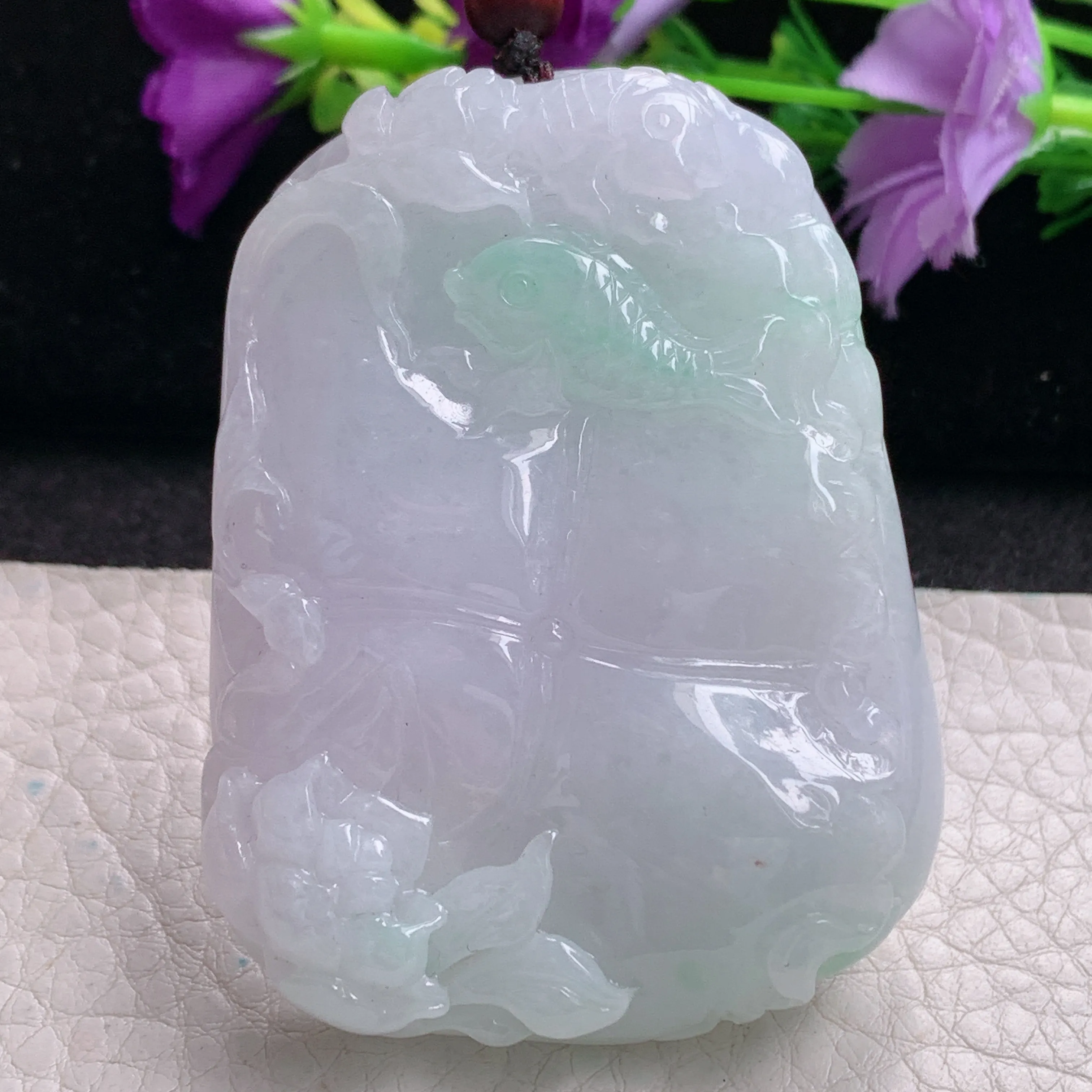 zen实拍60.8*45.6*12.5缅甸翡翠淡紫年年有鱼吊坠 荷花鱼毛衣坠