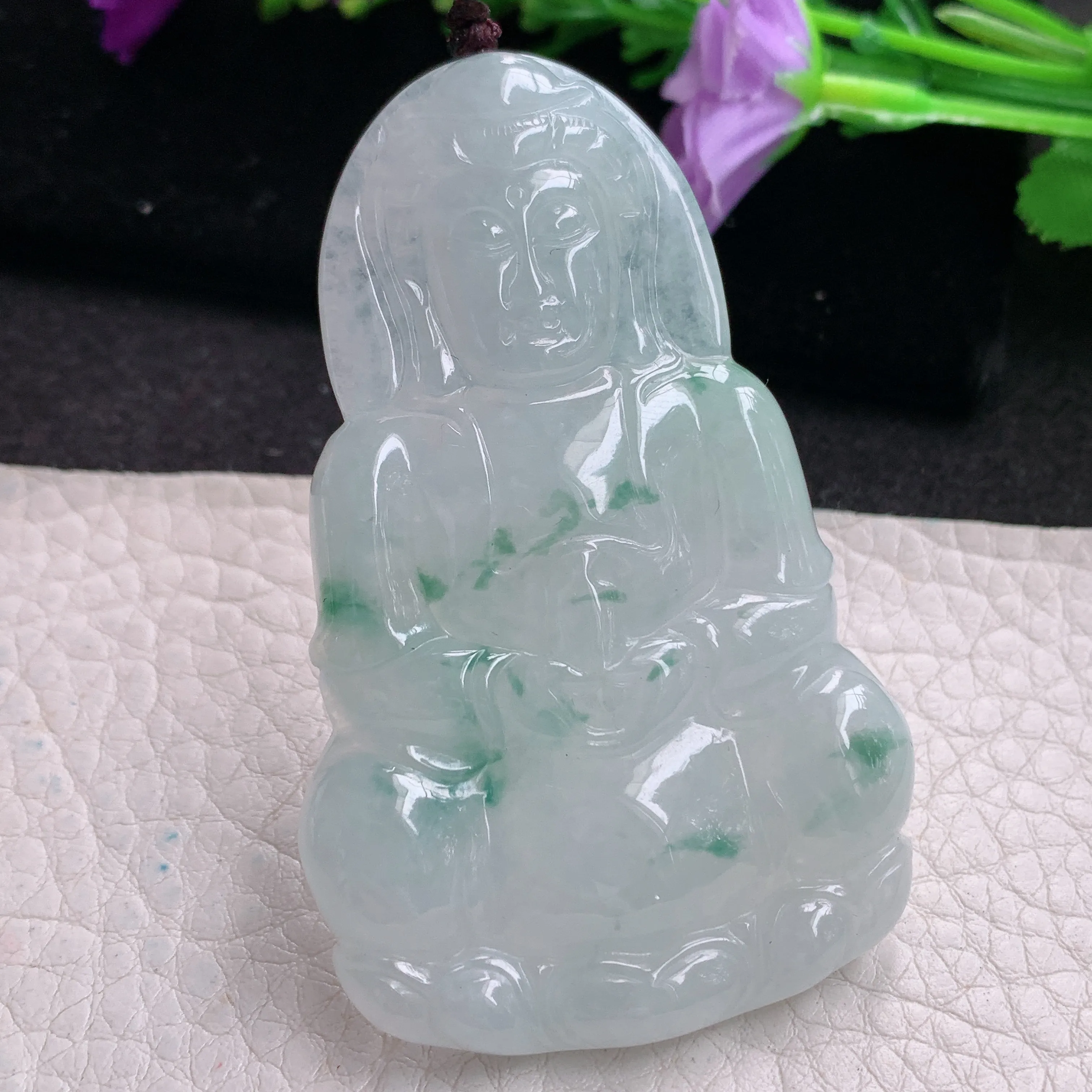 zen实拍63.5*39.6*5.8缅甸翡翠飘花观音牌吊坠男款平安菩萨玉坠