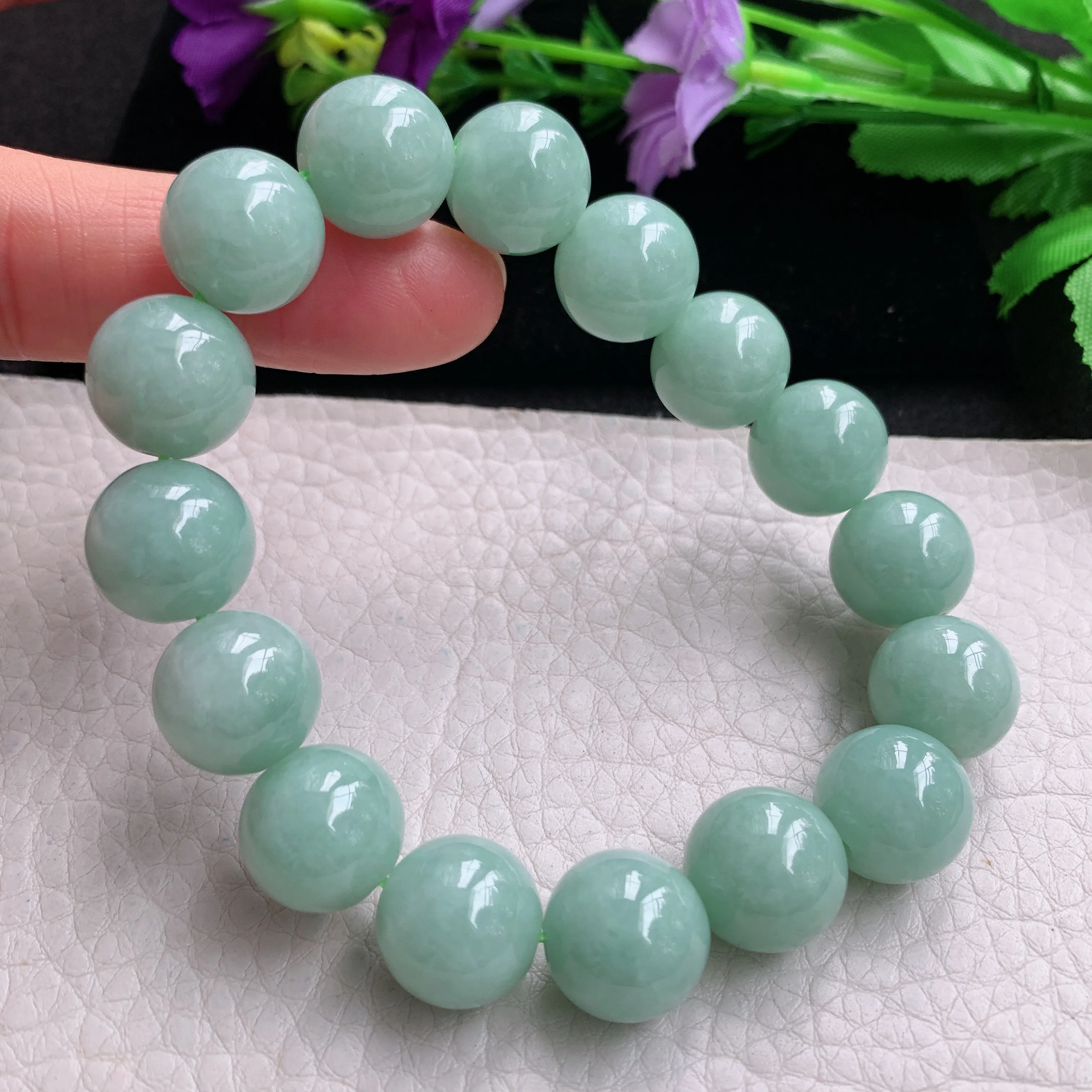zen实拍13.3mm缅甸翡翠淡绿大珠链 圆珠手串 男女款手链