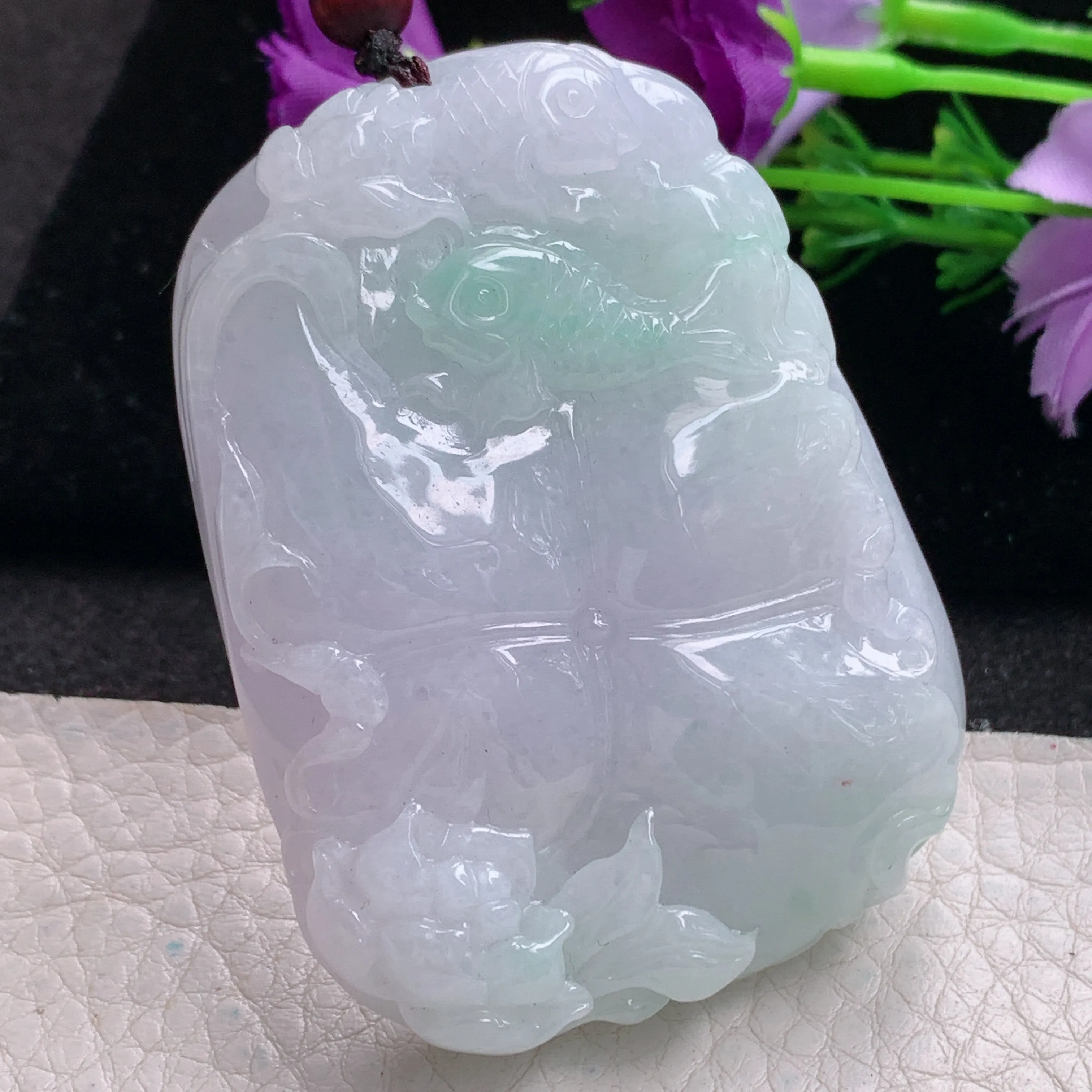 zen实拍60.8*45.6*12.5缅甸翡翠淡紫年年有鱼吊坠 荷花鱼毛衣坠