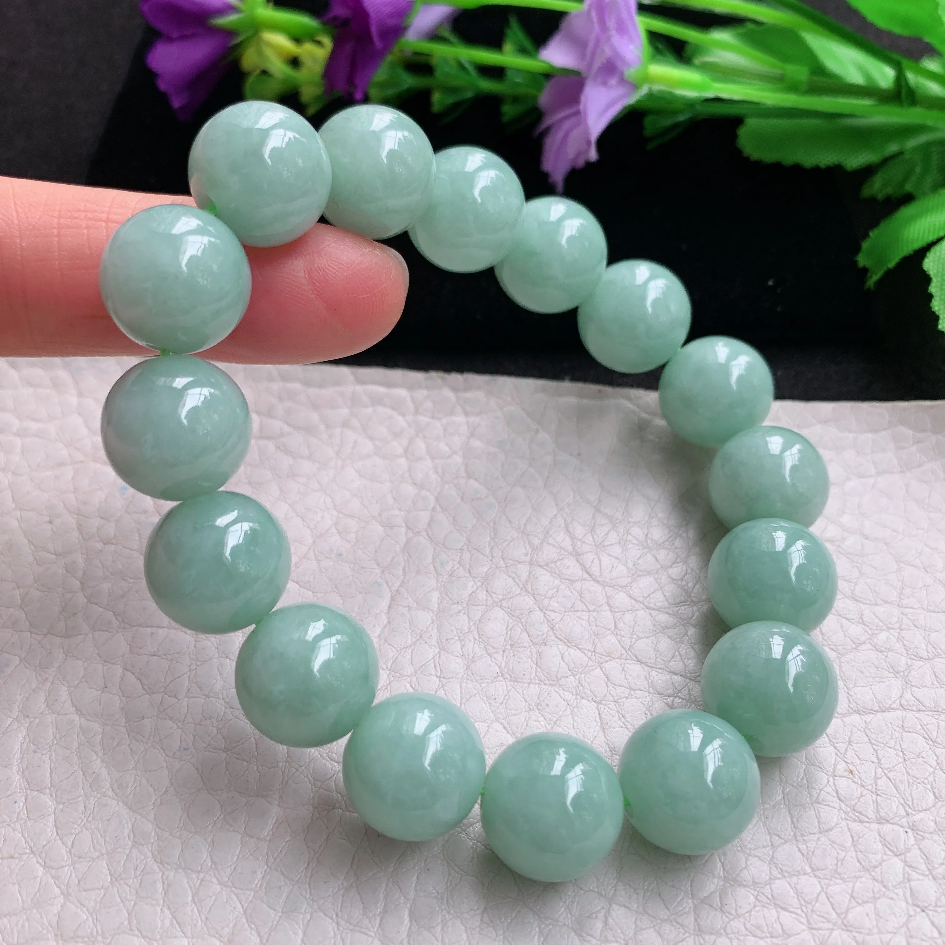 zen实拍13.3mm缅甸翡翠淡绿大珠链 圆珠手串 男女款手链