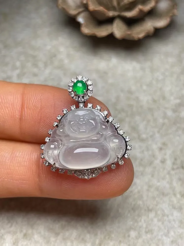 冰种佛公吊坠、真金真钻镶嵌，种水好，玉质细腻 .裸石尺寸 18.7*14.0