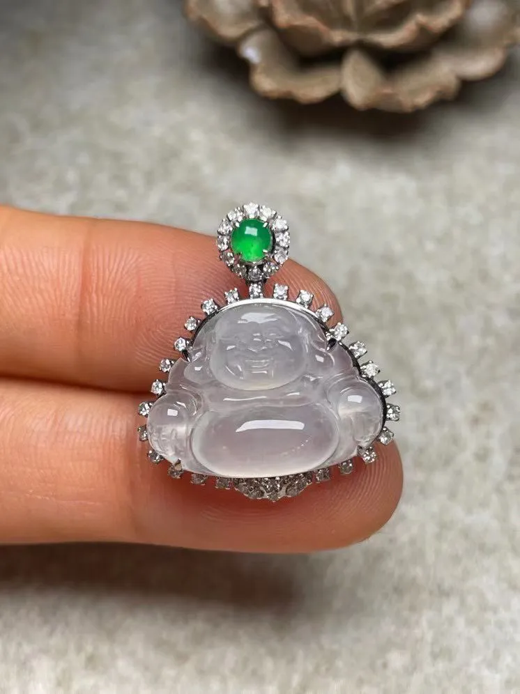 冰种佛公吊坠、真金真钻镶嵌，种水好，玉质细腻 .裸石尺寸 18.7*14.0