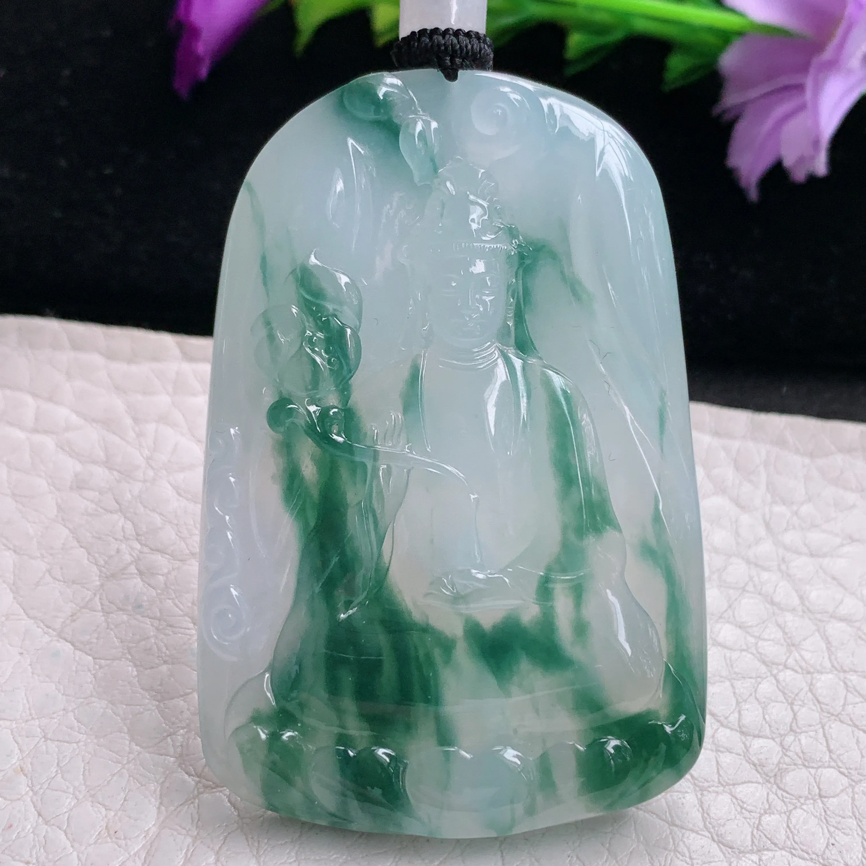 csy实拍约55*39*6缅甸翡翠冰飘花素衣观音吊坠 持莲大势至观音菩萨