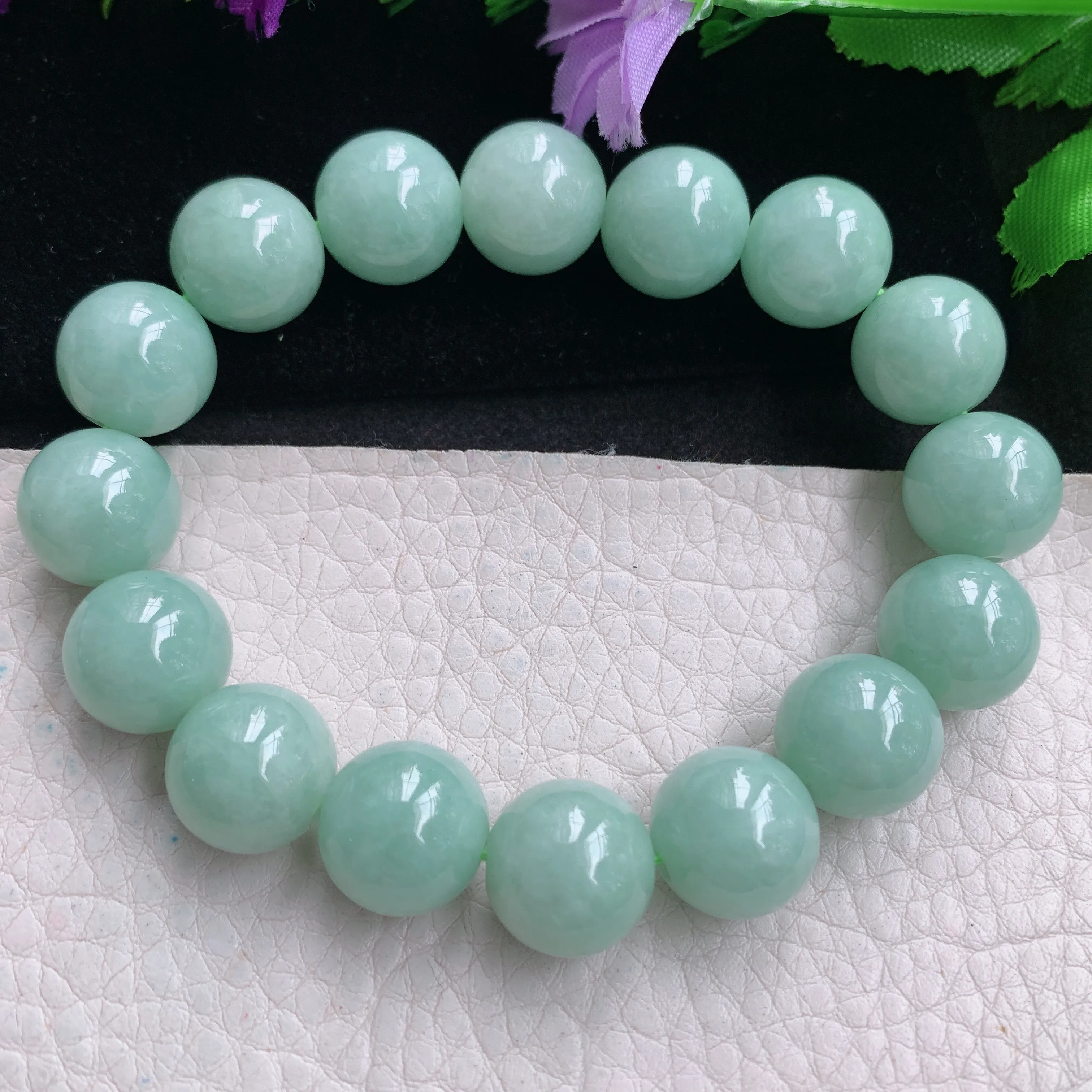zen实拍13.3mm缅甸翡翠淡绿大珠链 圆珠手串 男女款手链