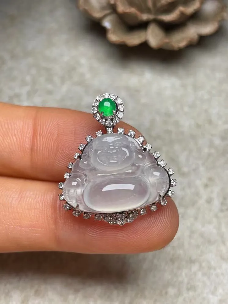 冰种佛公吊坠、真金真钻镶嵌，种水好，玉质细腻 .裸石尺寸 18.7*14.0